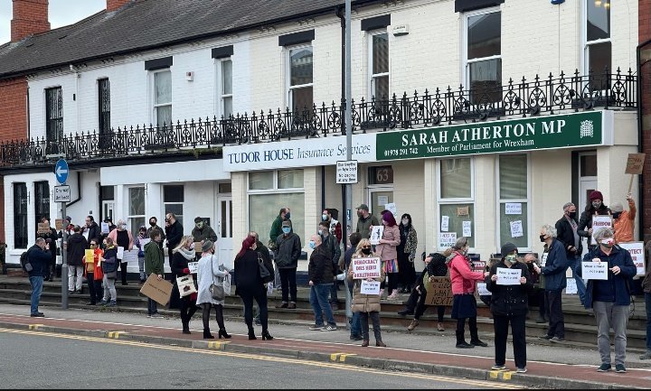 Protestors outside Sarah Atherton MPs office on Saturday. 