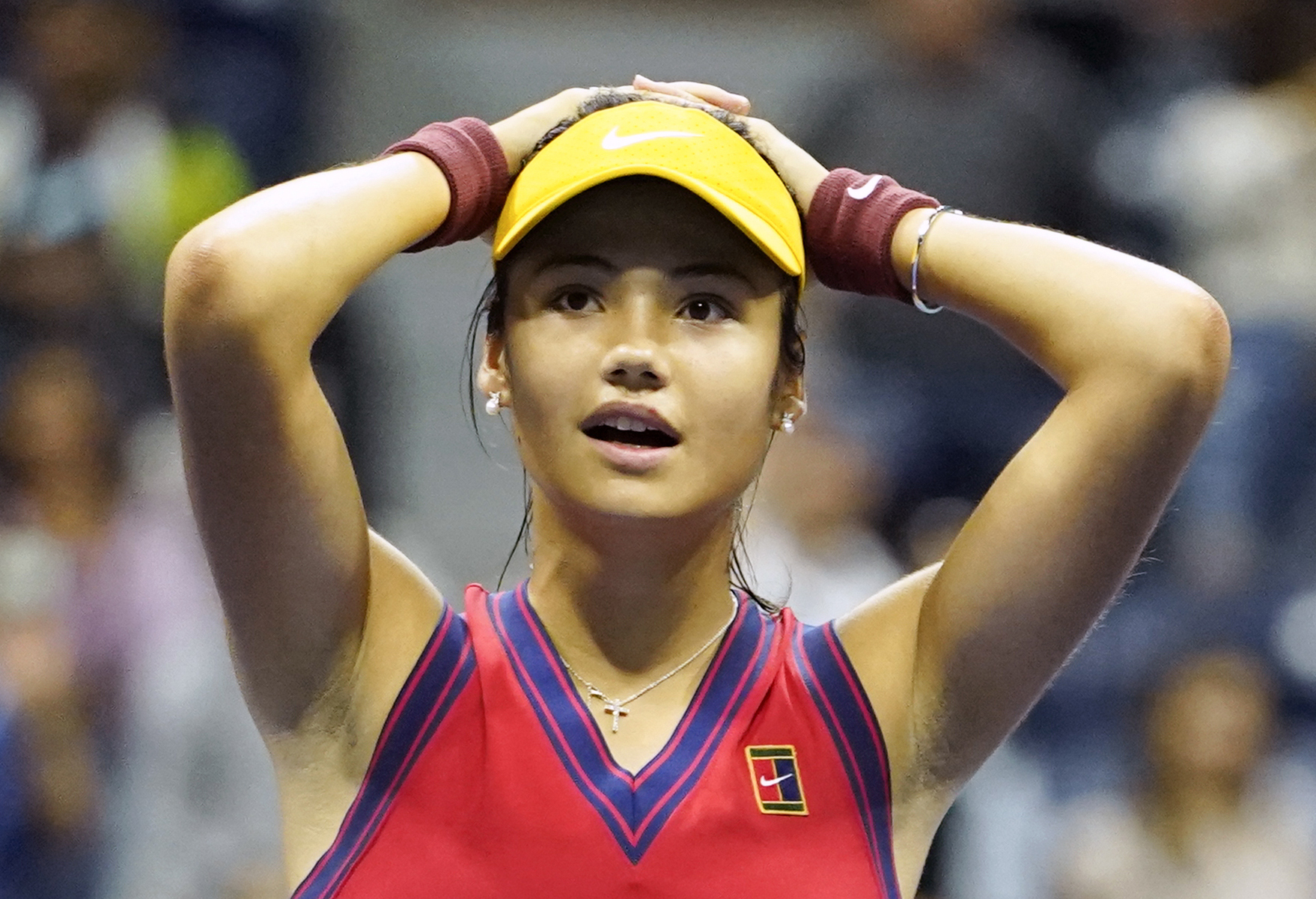 Great Britains Emma Raducanu celebrates defeating Greeces Maria Sakkari to reach the Womens Final during day eleven of the US Open at the USTA Billie Jean King National Tennis Center, Flushing Meadows- Corona Park, New York. Picture date: Friday