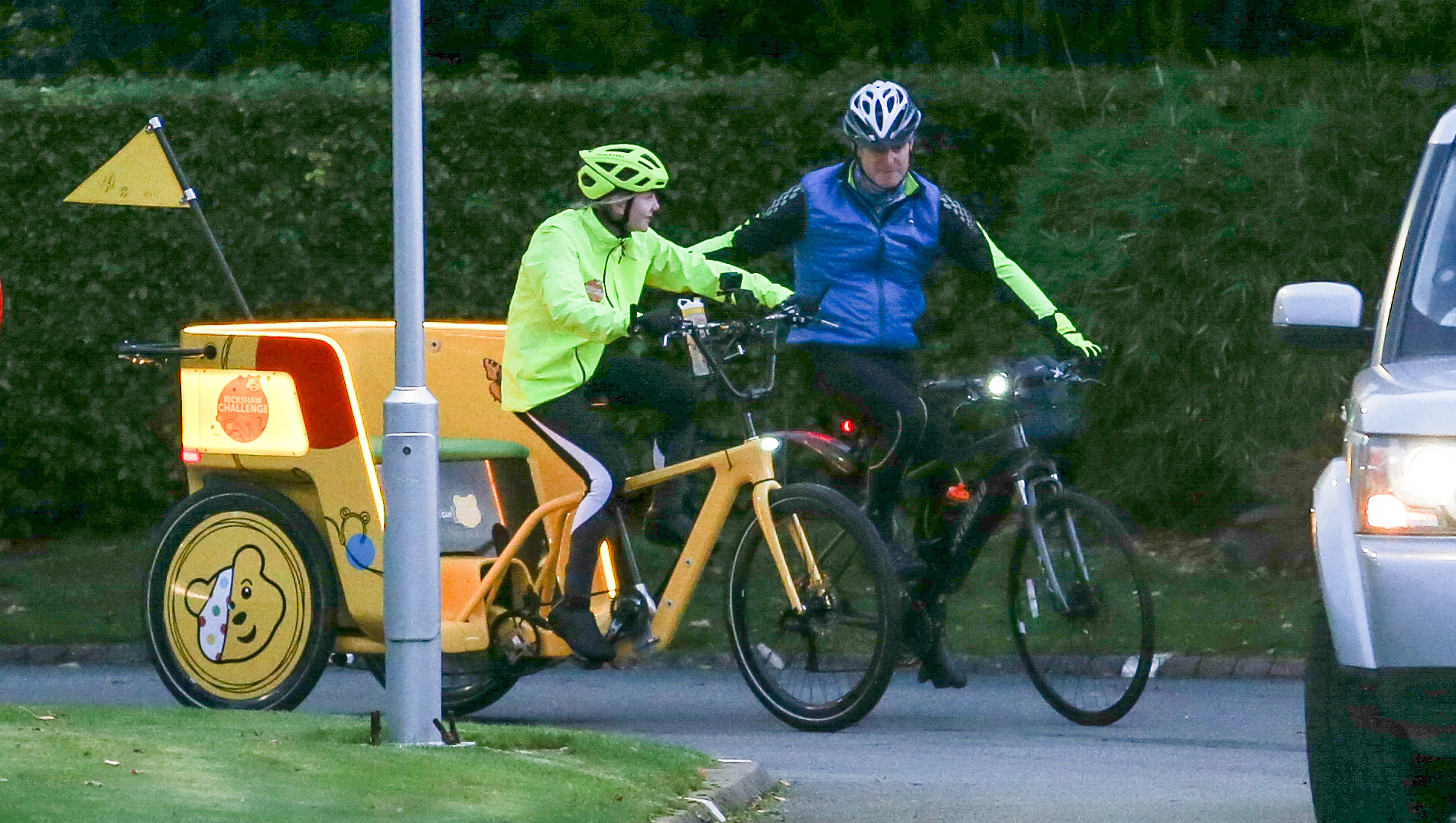 Ifor Williams Trailers Children in Need Rickshaw Challenge 2021 Olivia Ruston arrives at Claire House Hospice, Bebbington with Matt Baker finishing her leg from Southport