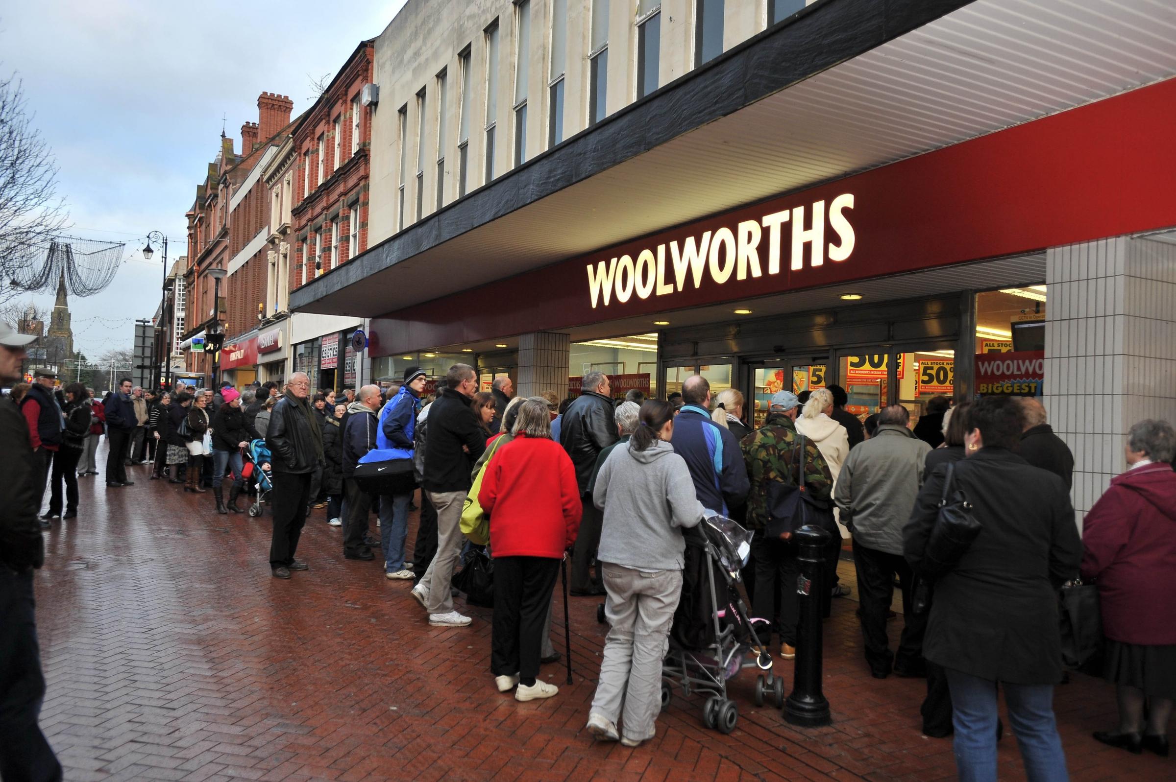 Woolworths, Wrexham. Shoppers queing before opening.