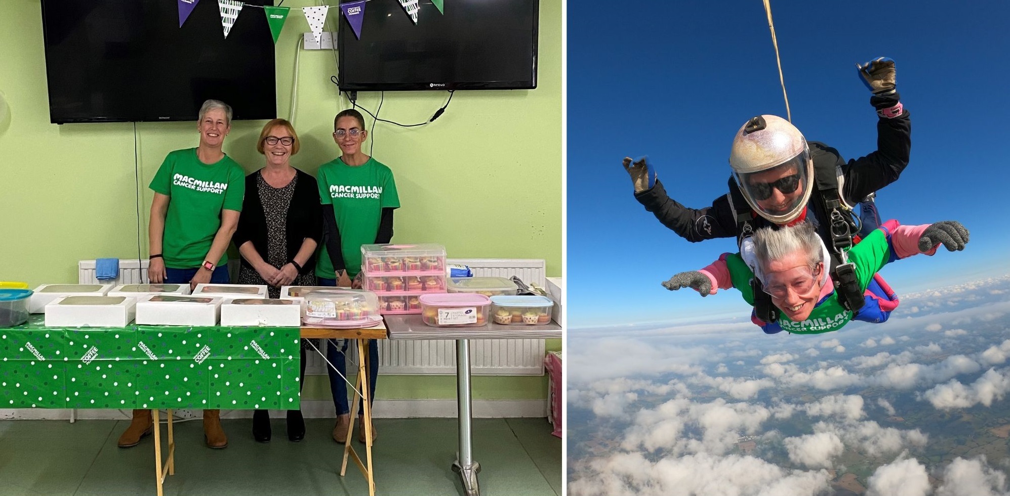 Sam Pugh on her tandem skydive with instructor Debs, and at the Macmillan coffee morning at Oscar Mayer, with Julia Griffith and Bernadette Riordan.