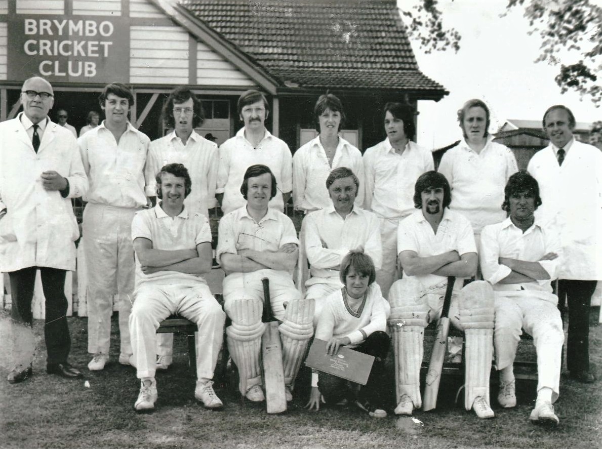 Brymbo Cricket Club 2nd team from 1976. John Purdie is pictured front row. second from the right with his goatee, pads and bat. 