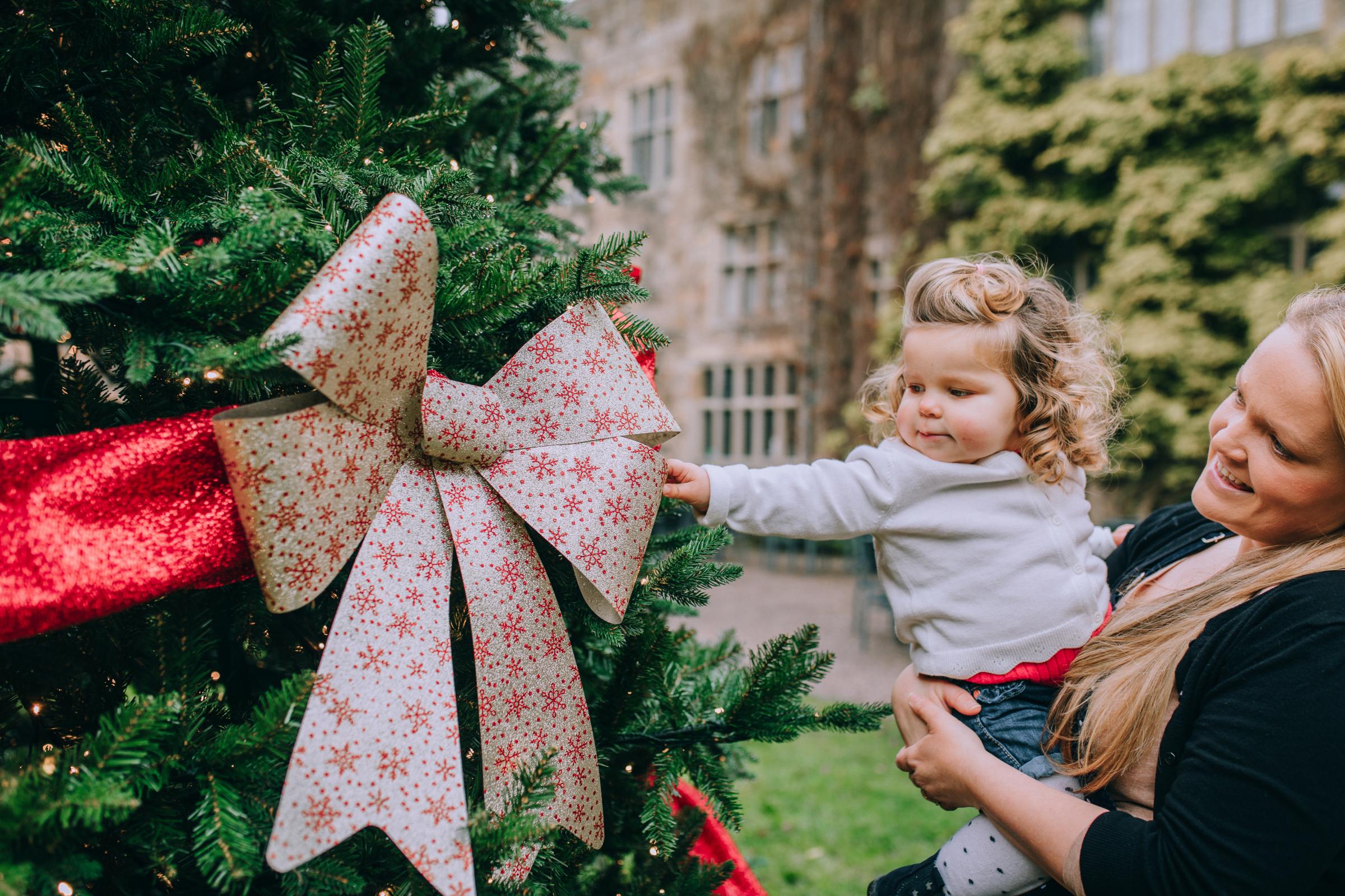 Admiring the courtyard Christmas tree at Chirk Castle. Photo: National Trust Images/Natalie Overthrow