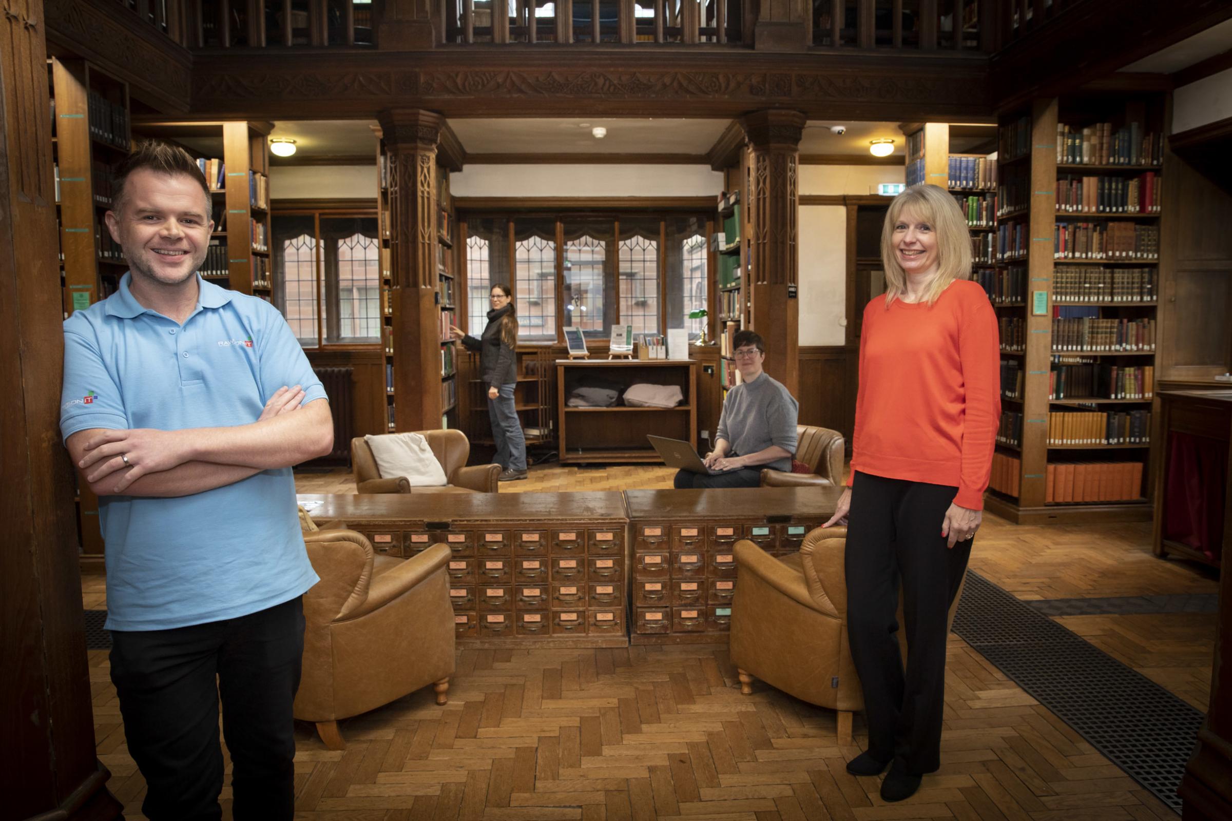 Craig Davies, MD of Rawson IT Services, at Gladstone’s Library with, from right, Sarah Robertson, library finance manager; Louise Yates, Director of Collections and Research; and Rhian Waller, digital marketing manager. Photo: Mandy Jones