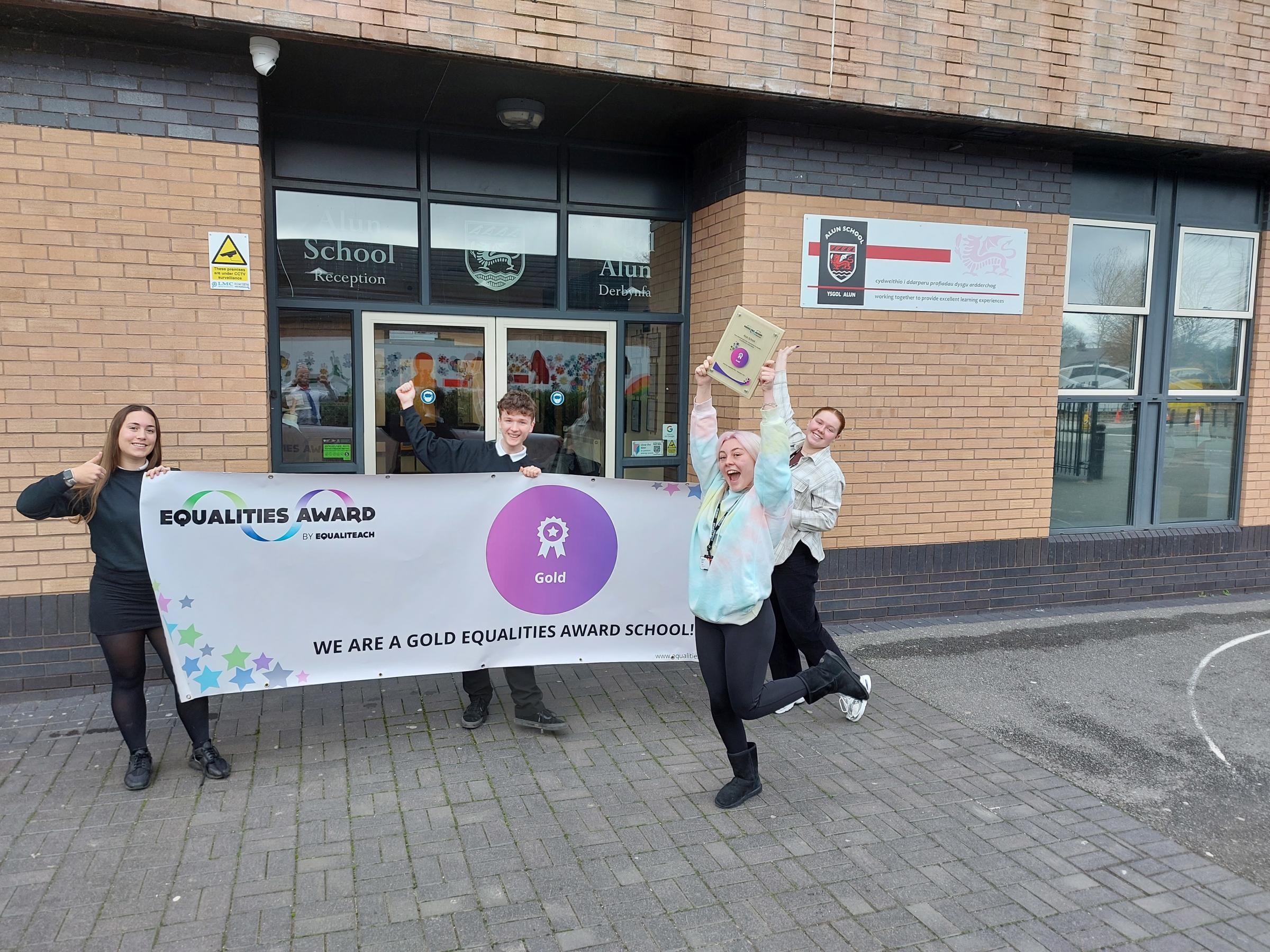 Alun School students Phoebe Pemberton, Ben Harris, Macie Griffith and Kayla Forde celebrate receiving EqualiTeachs Gold Equalities Award.