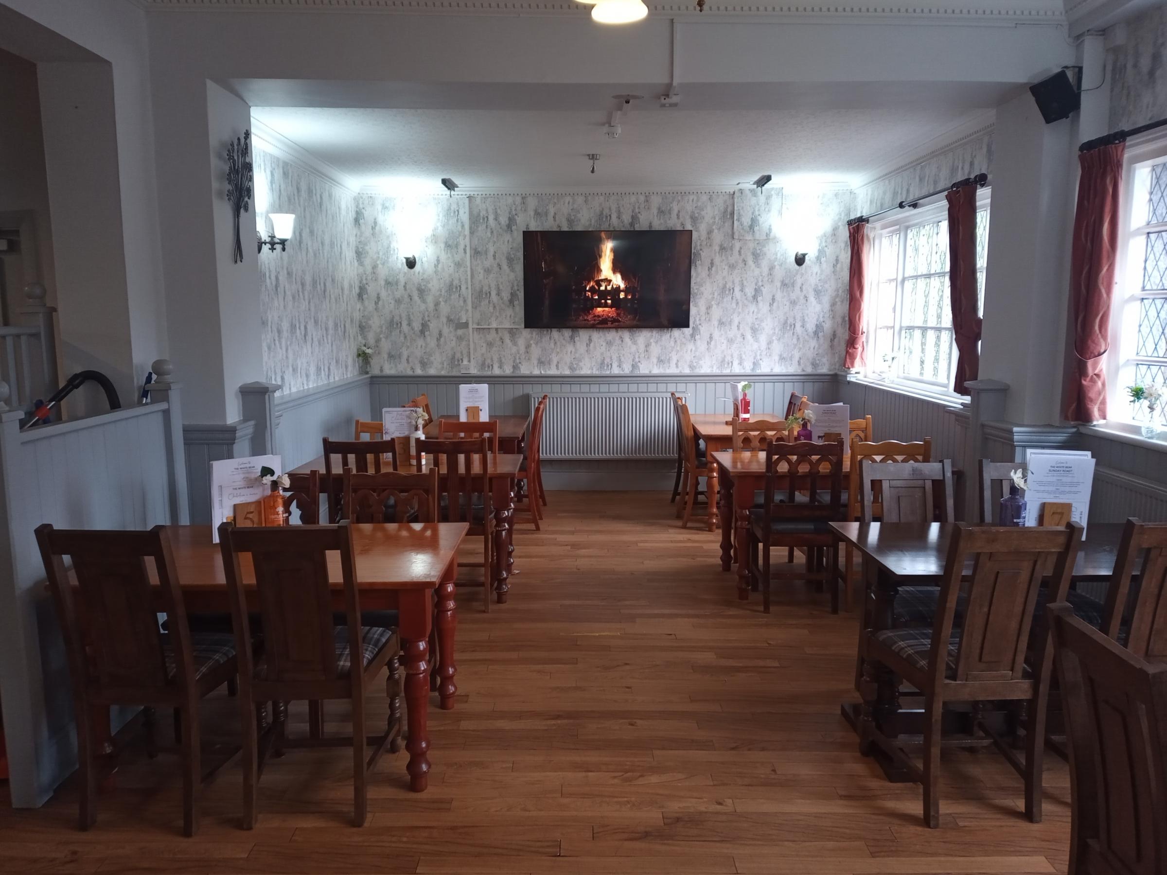 Inside the restaurant area of the White Bear in Mancot.