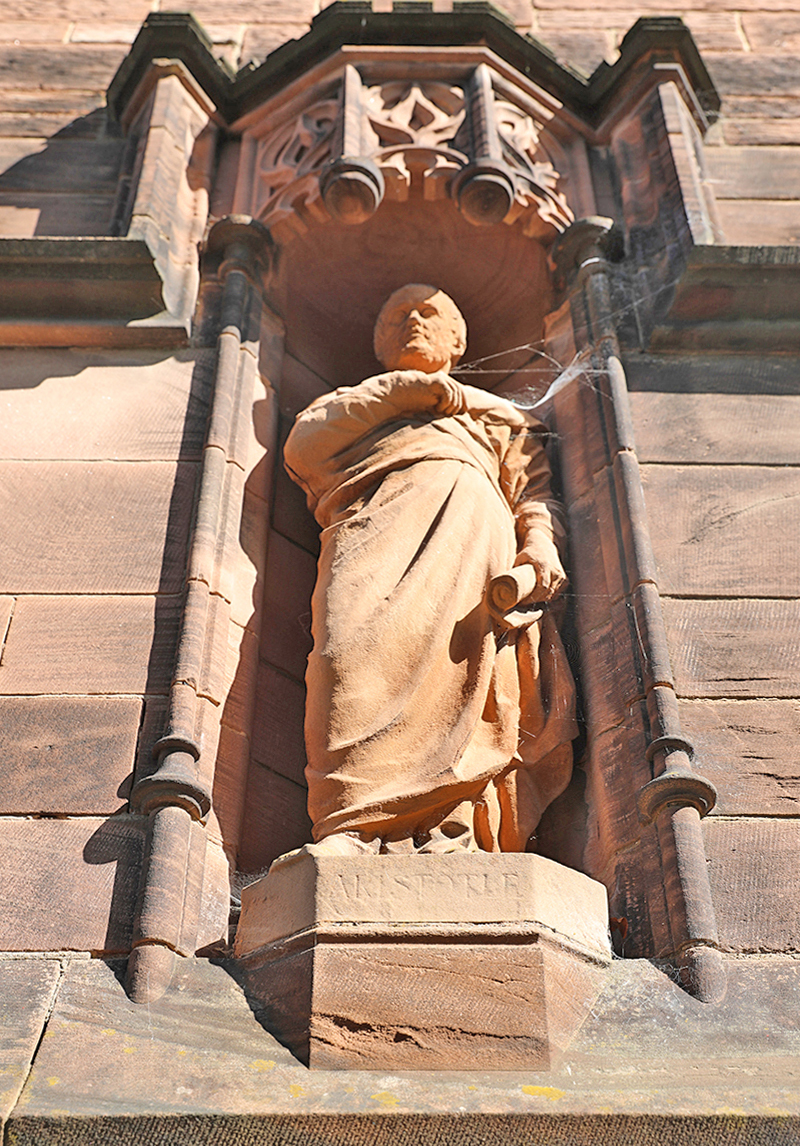 Aristotle carving at Gladstones Library.