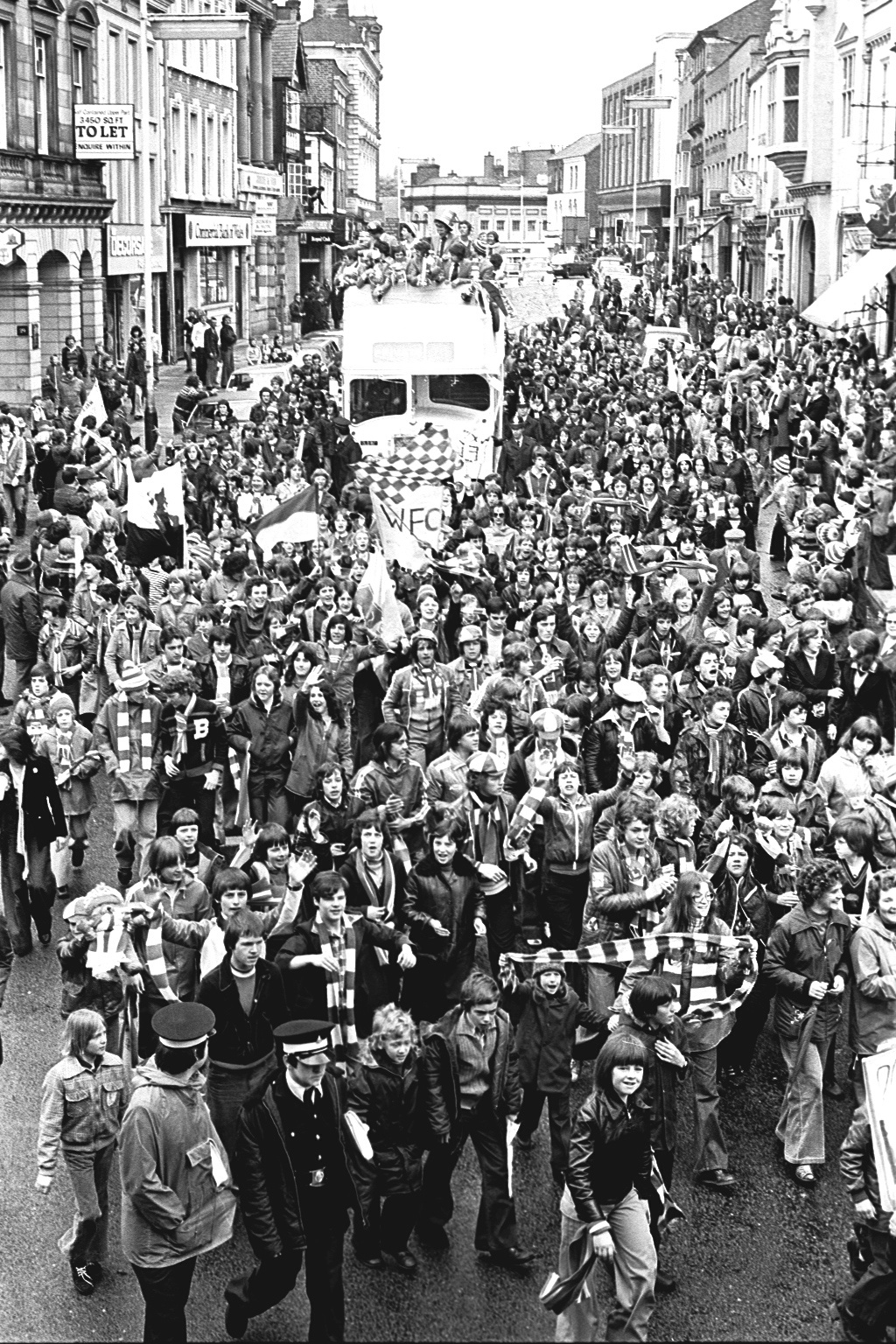 Fans filled Wrexham for the Wrexham AFC players parade, 1978.