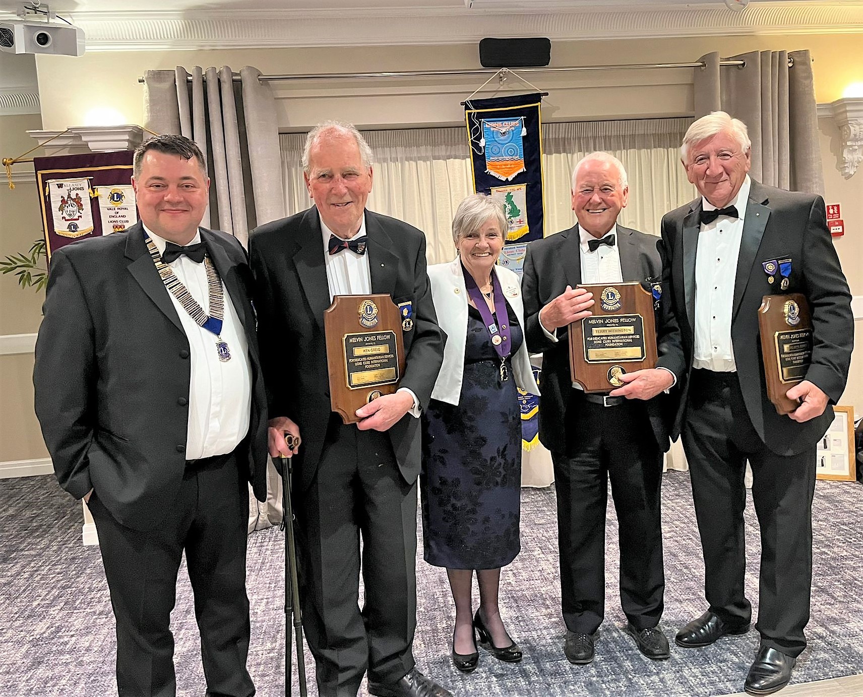 David Gregory, club president and a Melvin Jones Fellow, Ken Greig (Sychdyn), District Governor Mary Ann Woodman, Terry Withington (Bagillt) and Wyn Jones (Connah’s Quay).