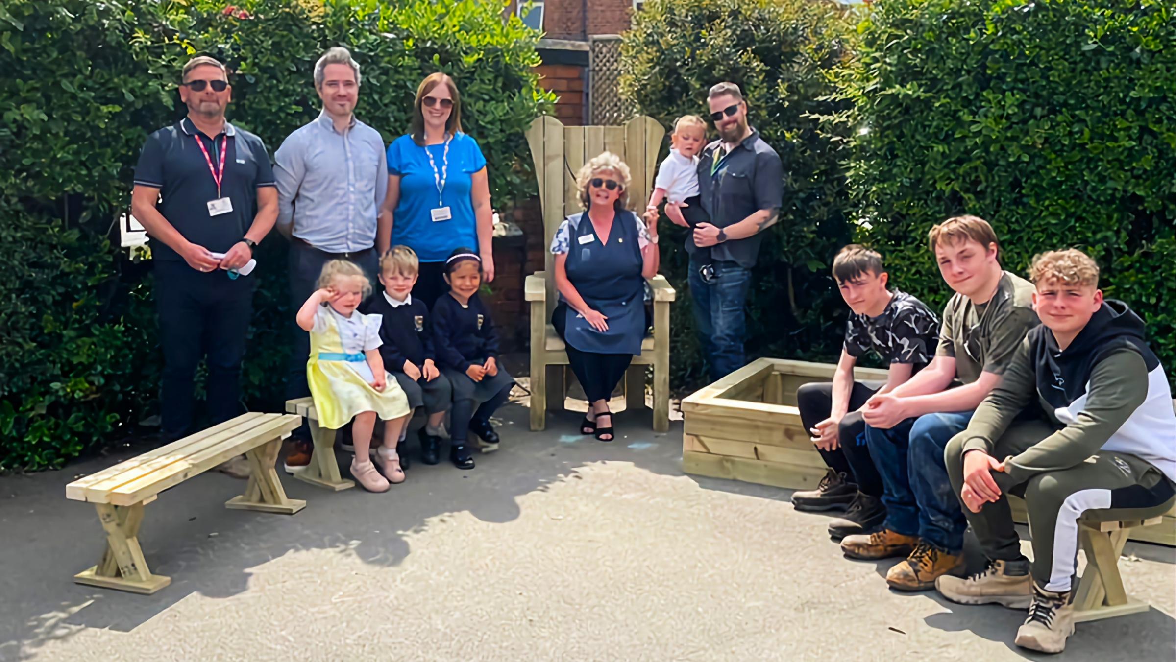 From left to right are Alex Smith (Enrichment College Link Officer), Nick Hodges (Victoria CP Deputy Head), Kim Wright (Victoria CP Teacher), Janet Lloyd (Victoria CP Gems, Jewels and Treasures Manager), tutor Stuart Kennedy holding daughter Freyja