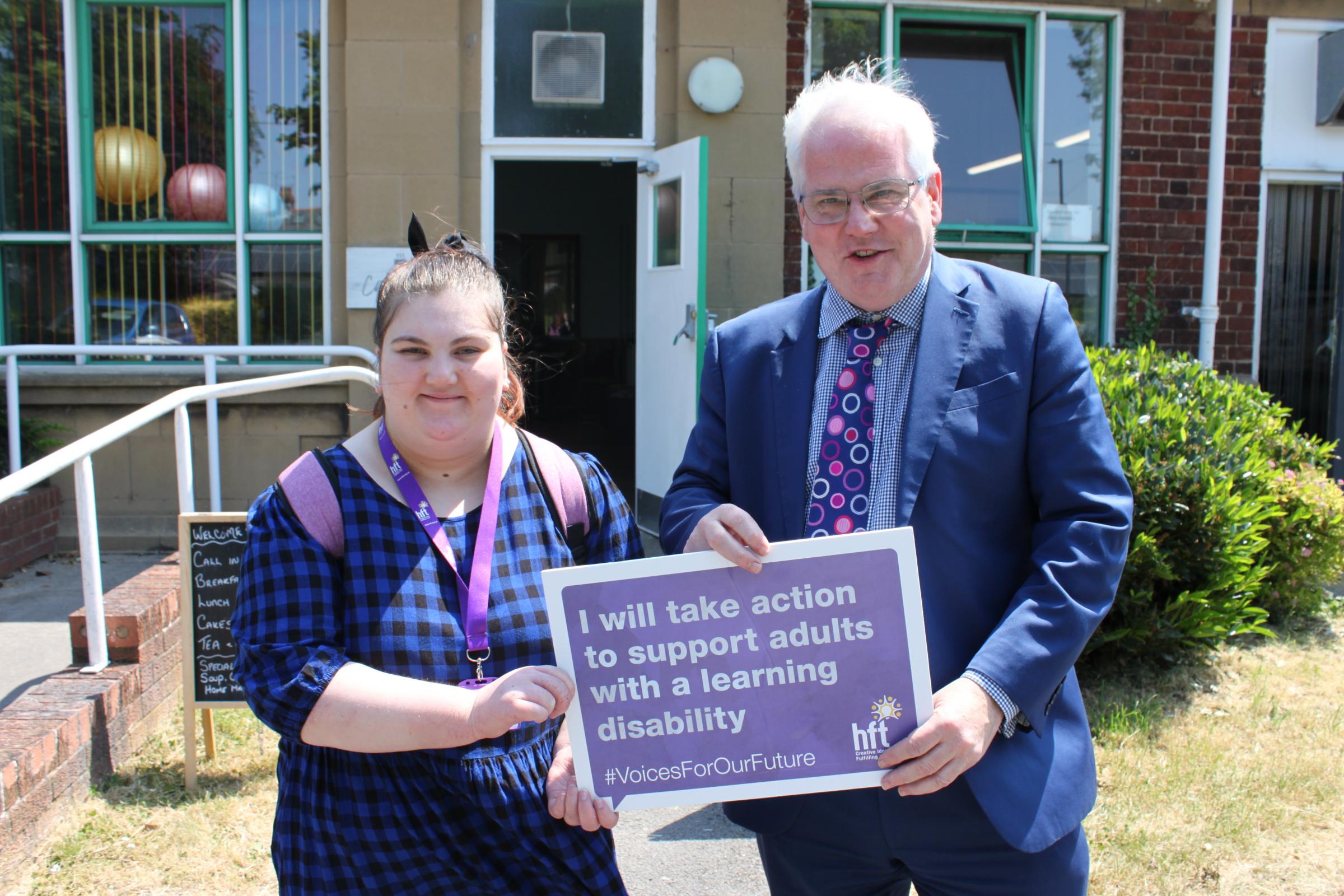 Erin O’Donnell, supported employment advocate, with MP Mark Tami.