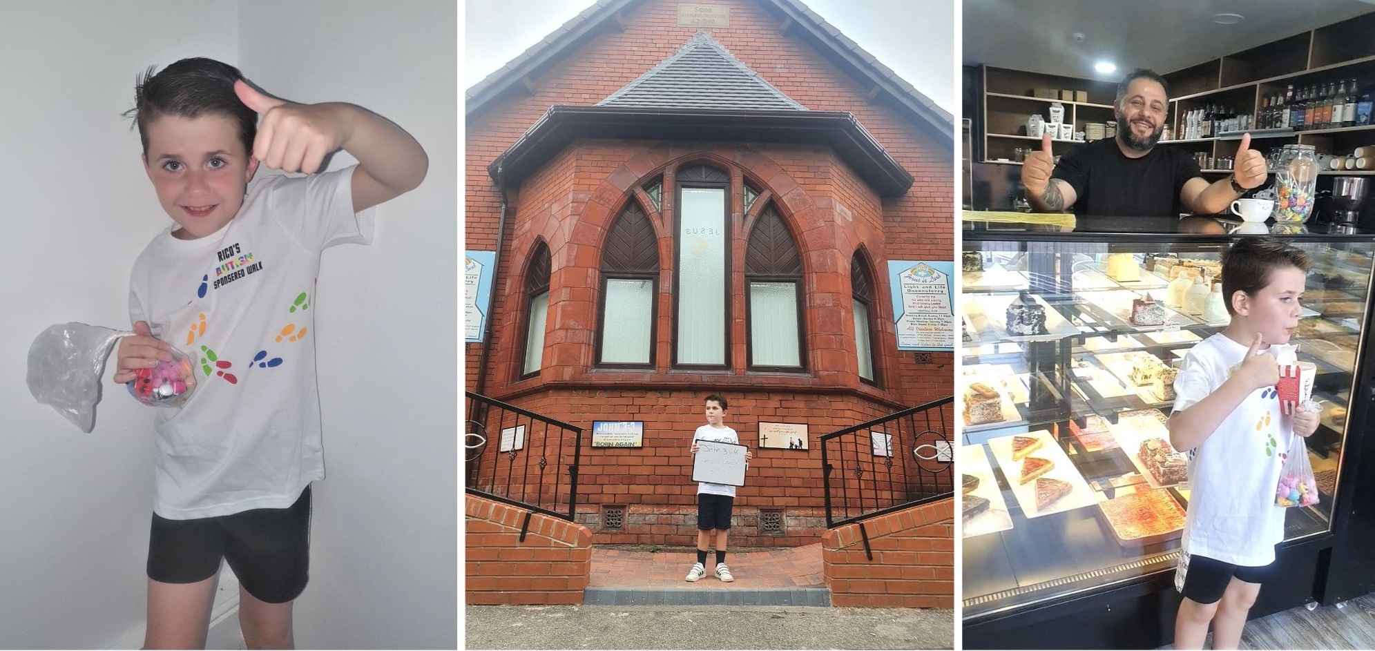 Rico Gallagher in his donated t-shirt, outside his familys church, Light and Life in Queensferry, where members donated, and getting support from the owner of Cakes and Shakes during the walk.