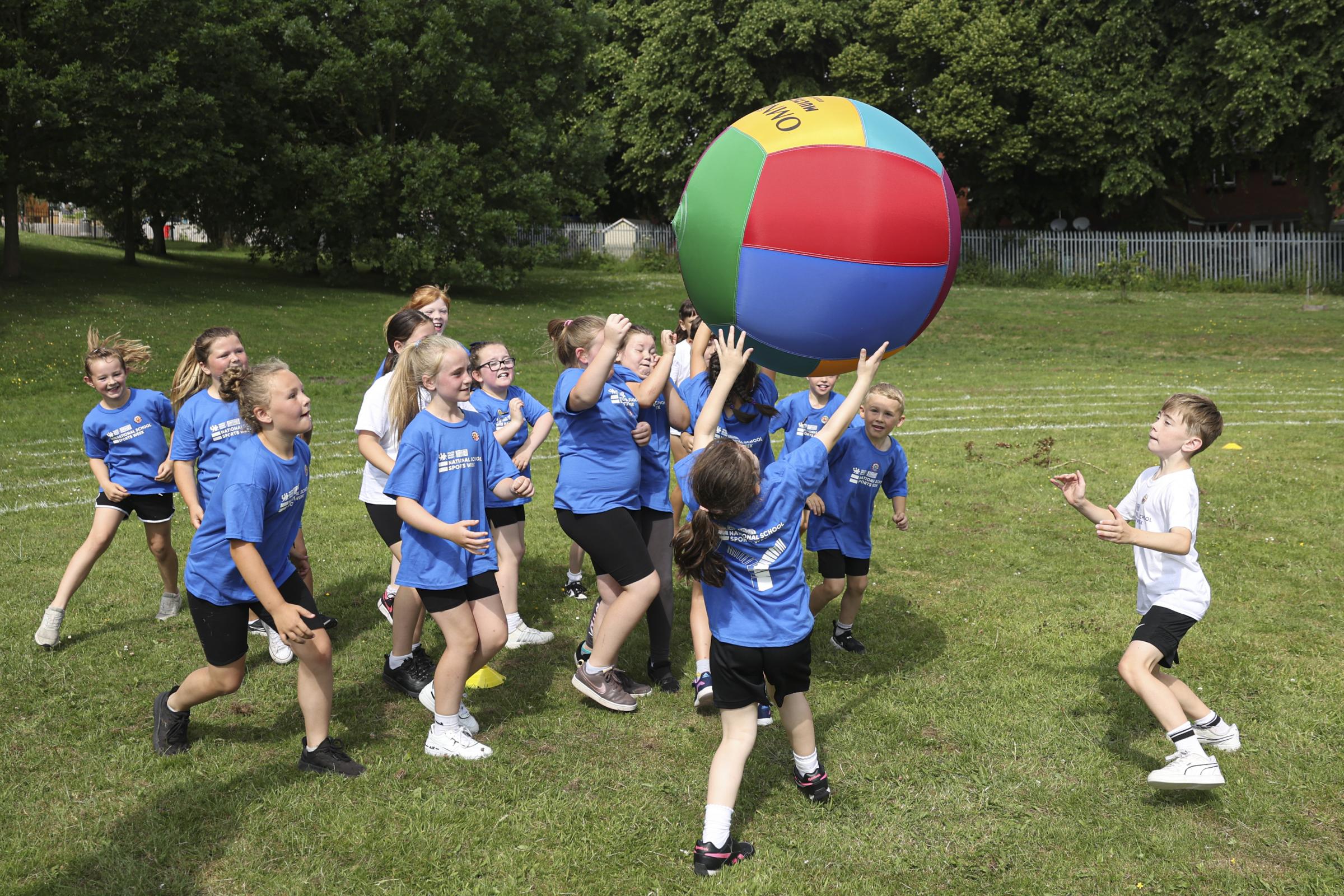 Ysgol Derwenfa Primary School pupils play Kin-Ball. Photo: Paul Currie