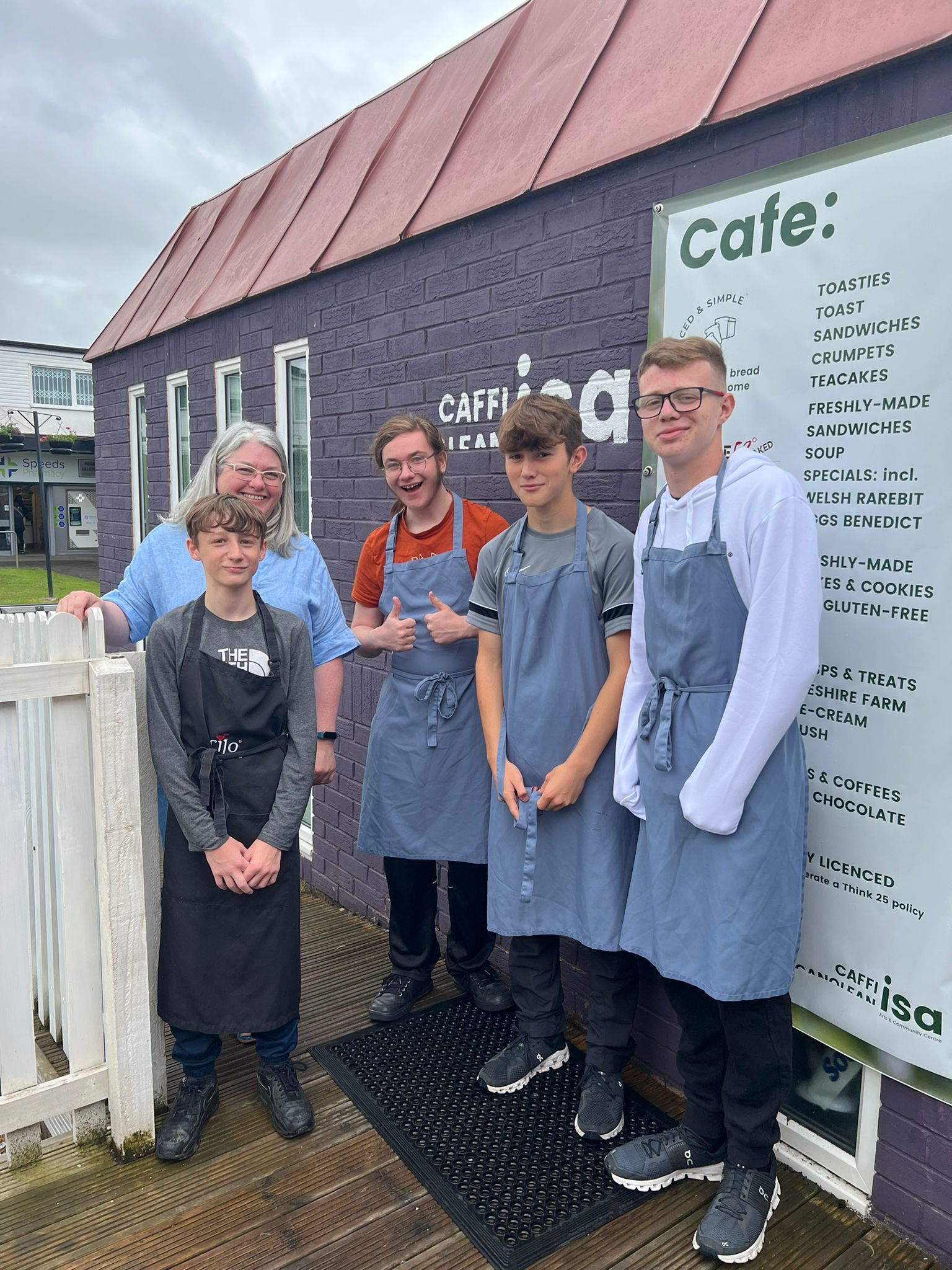 Marley Richardson, Sara Parker (manager), Daytona Tait, Nathan Hughes, and Josh Farley at Caffi Isa.