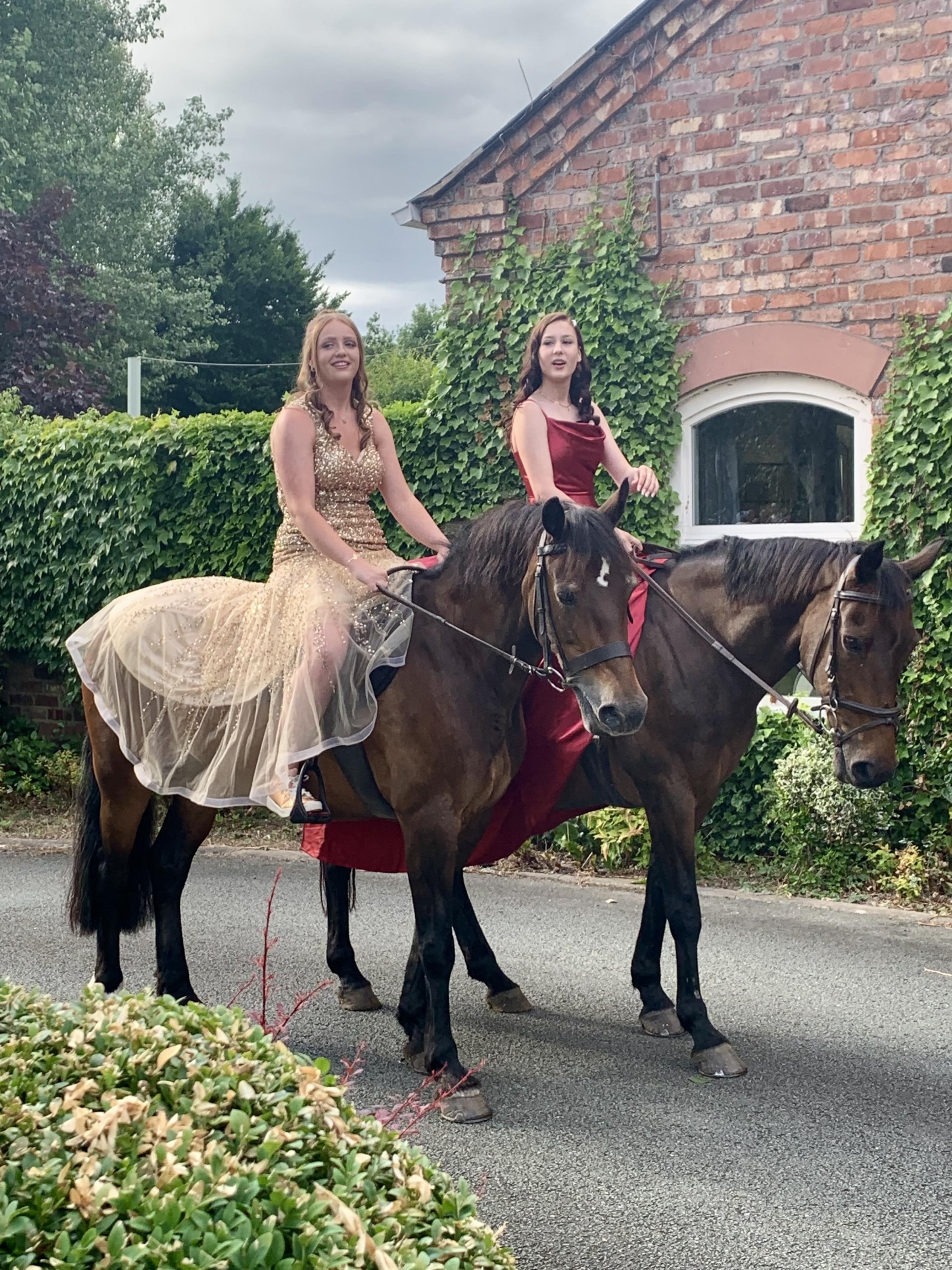 Rocking up to the Ysgol Dinas Bran prom in style!! Madison Hughes on the lovely Belle and Grace Wellington on Moni.