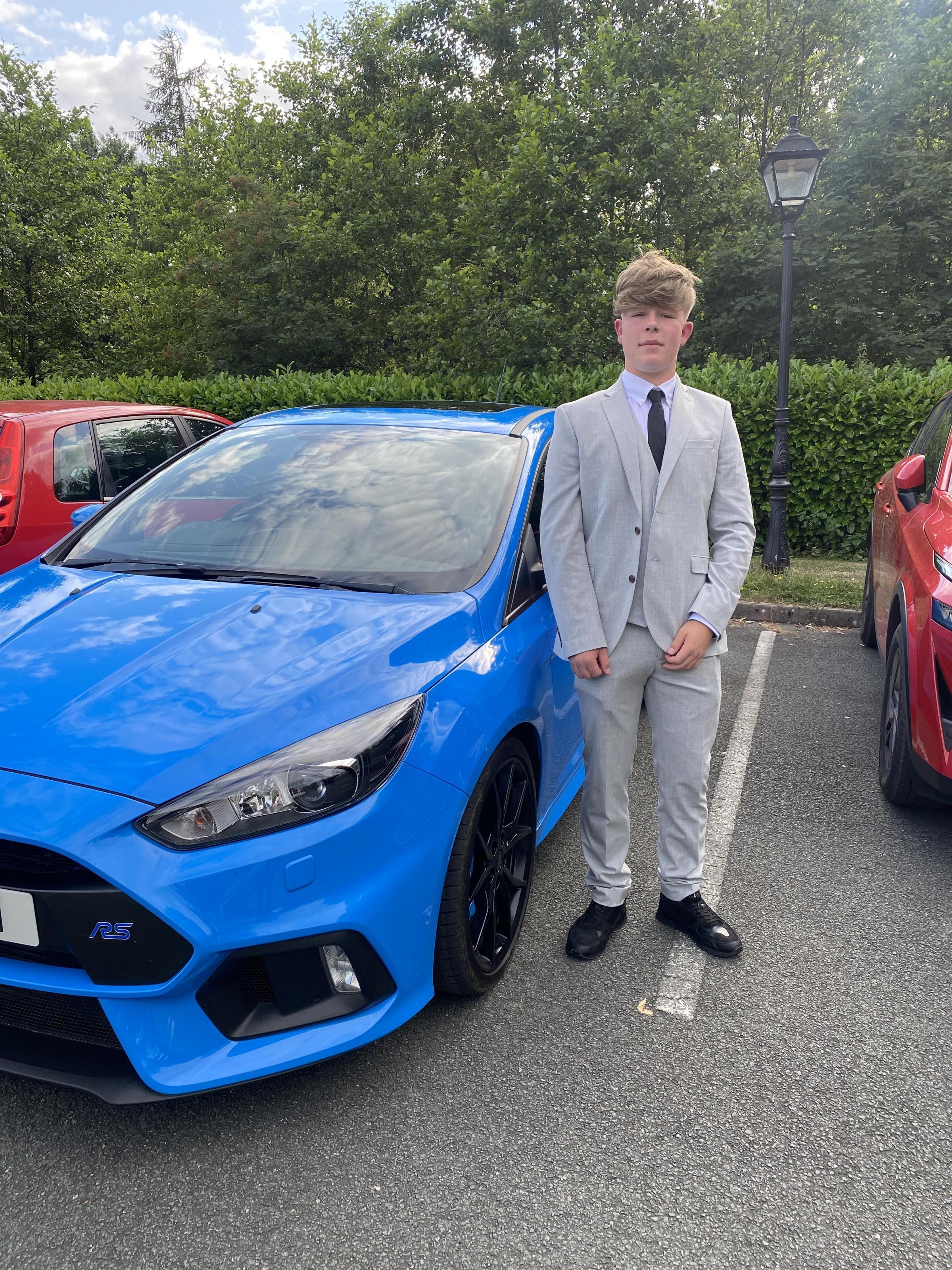 Harvey Willams with his taids car for the Ysgol Dinas Bran prom.