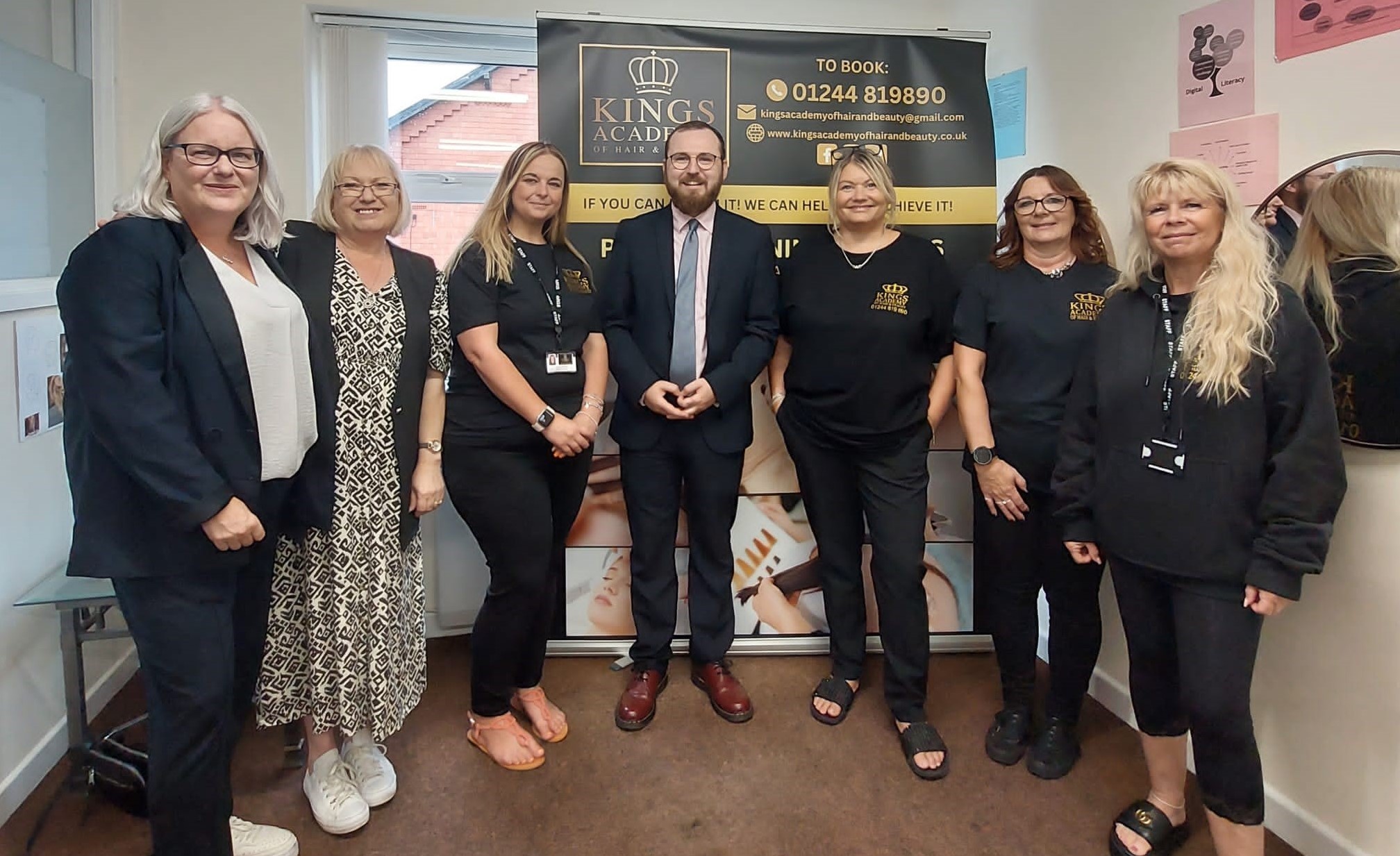 Dawn Spence (Deeside Community Trust and ACL), Cllr Christine Jones, Kings Academy manager Ceri Brayford, MS Jack Sargeant, Kings Academy owner Sara King, Kay Carr and Julie Evans.