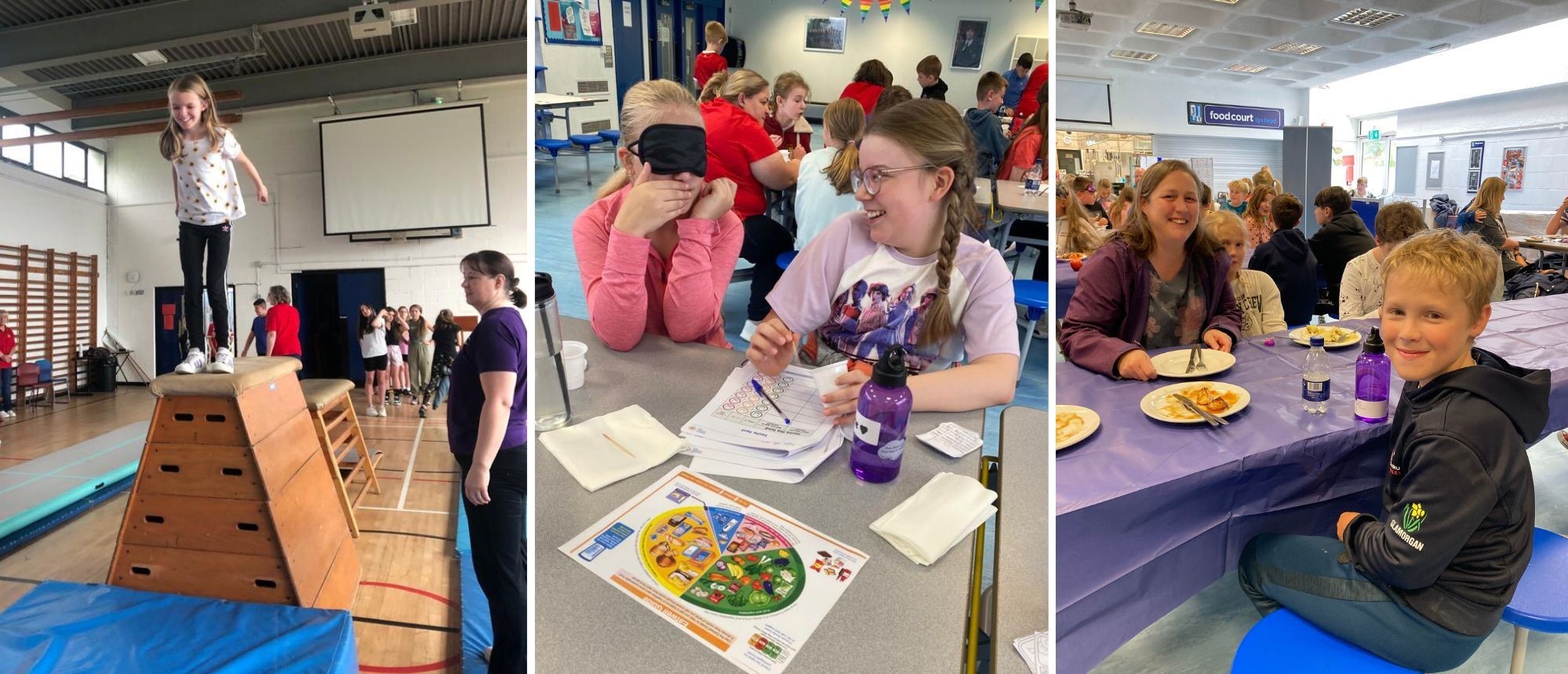 A gymnastics session; Layla Jones, Year 7, and Esme Heywood, due to start in September, take turns to wear a blindfold to guess different foods using their sense of smell; and Evan Cooper enjoys lunch with his mum, Kirsty Cooper, sister Eleri, and