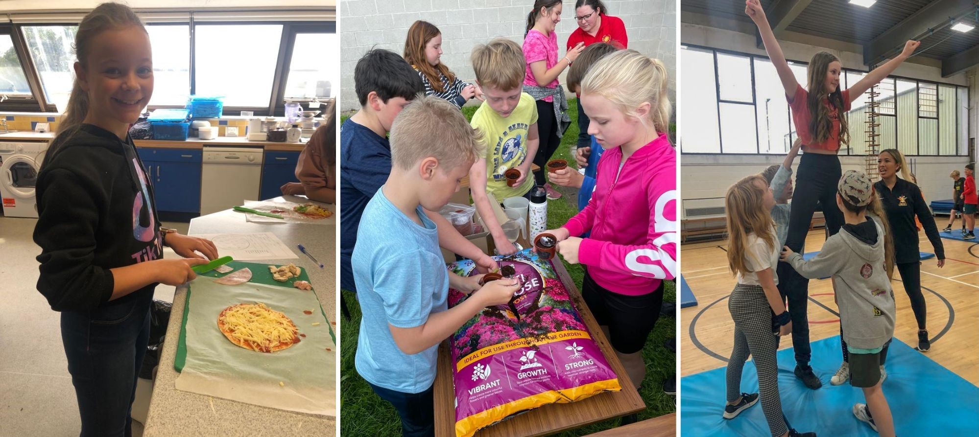 Emily McCormack makes a pizza from scratch in a nutrition session; Children learn to plant seeds to grow on in planters; and Karley Perrett in a cheerleading lift.