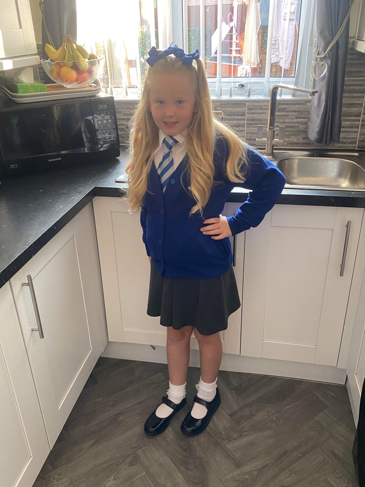 Monica Hopwood, from Wrexham: Granddaughter Savannah-Rae Hopwood, ready for her first day at juniors (Year 3) at Ysgol Maes-Y-Llan.