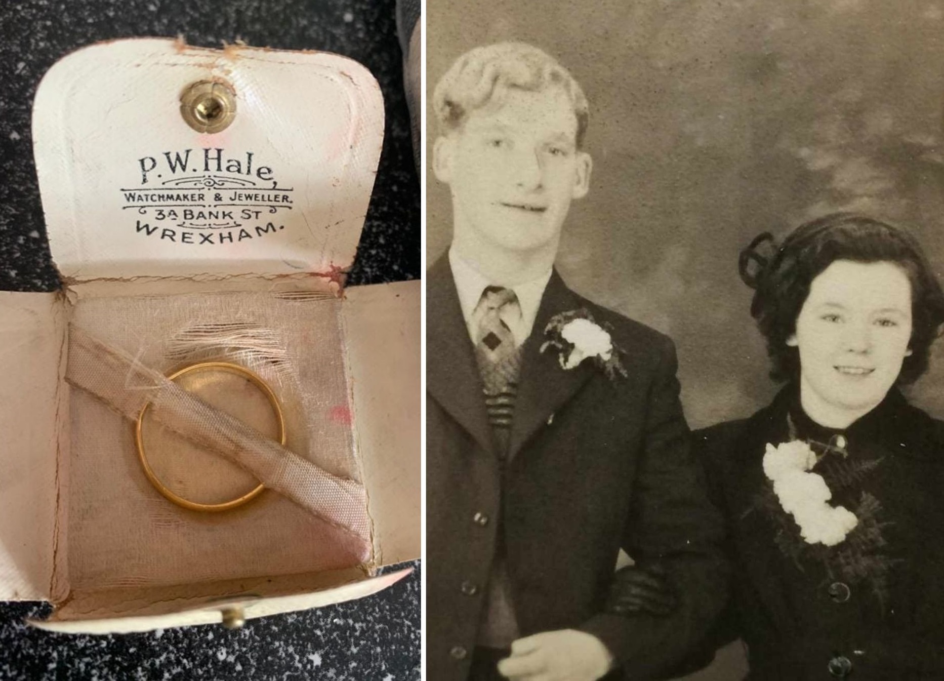 Joan and Ken Walley, and Joans wedding ring, bought from P.W. Hale 70 years ago.