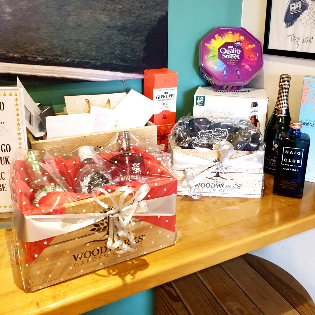 Raffle prizes for a charity quiz night at The Woodworks Garden Centre Café.