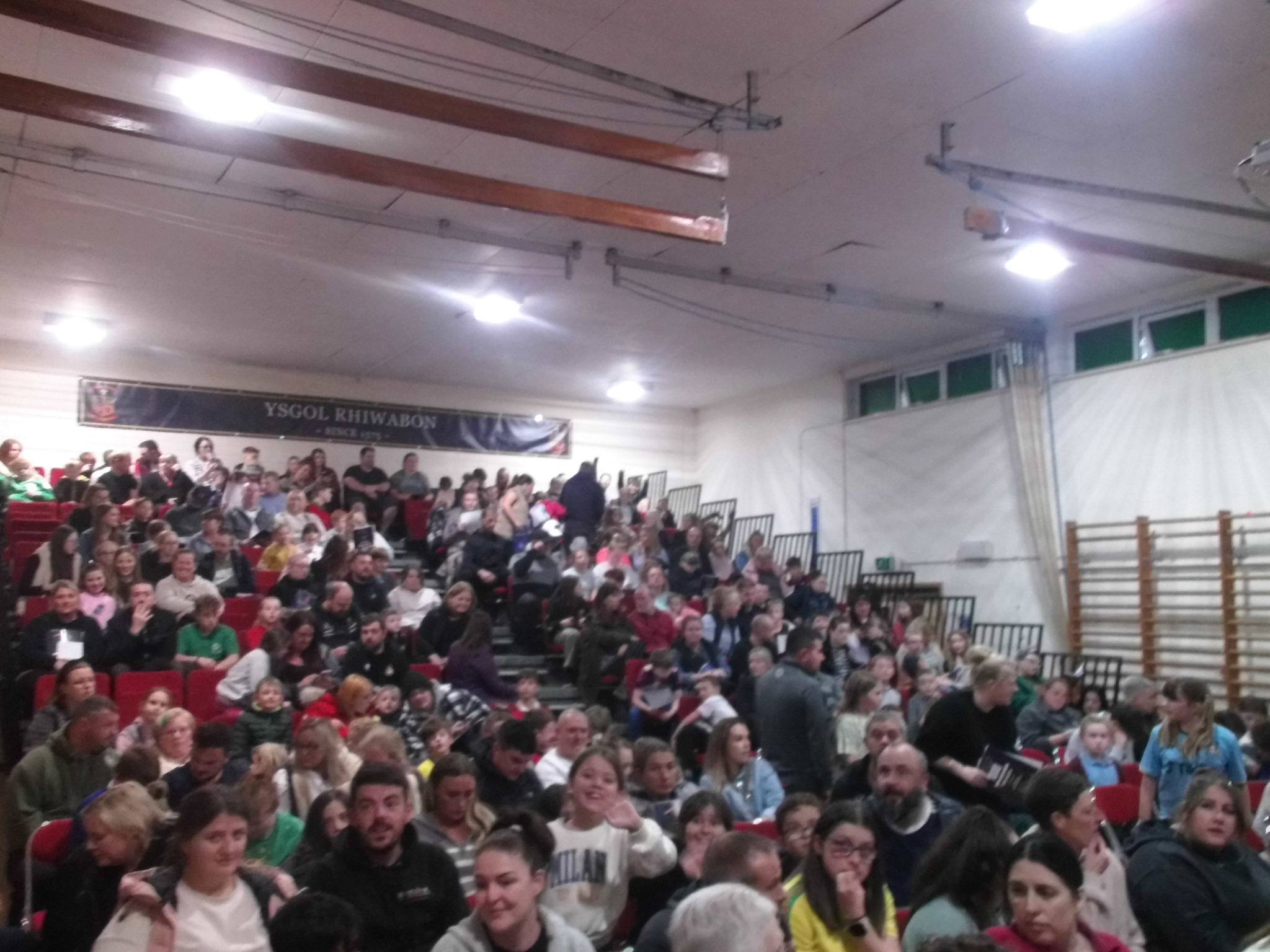 Packed main hall at the Ysgol Rhiwabon open evening.