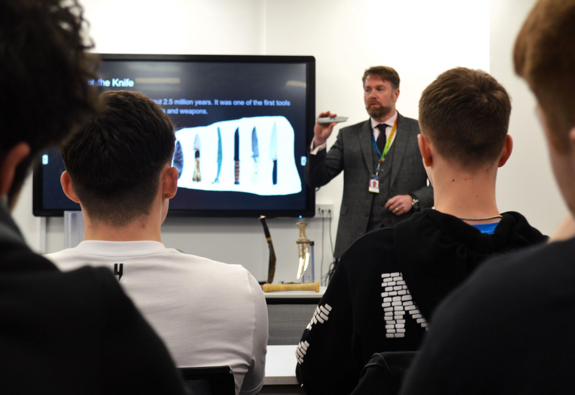 Karl Jackson, assistant principal for the Institute of Technology, during regular offensive weapons and knife crime awareness talks with learners at the college. 