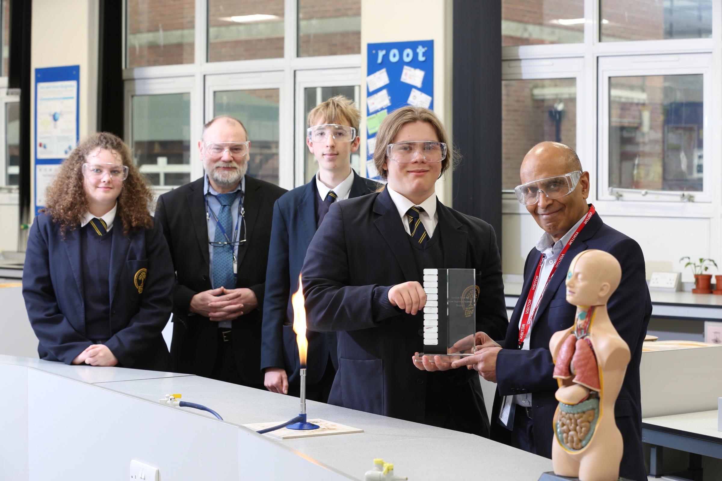 Haf Peers-Buxton (prize runner-up), Elfed High School teacher Robert Head, Sam Kenny (prize runner-up), Marcel Banski (prize winner), and Synthite director and commercial general manager Sana Niazi. 