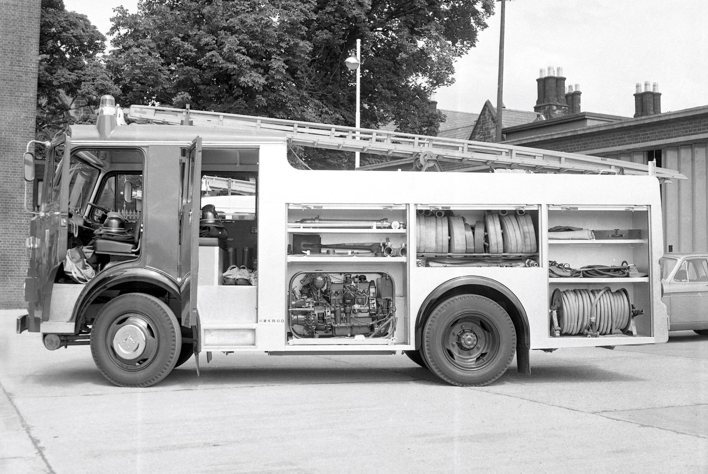 New Dennis fire engine at Wrexham Fire Station, 1969.