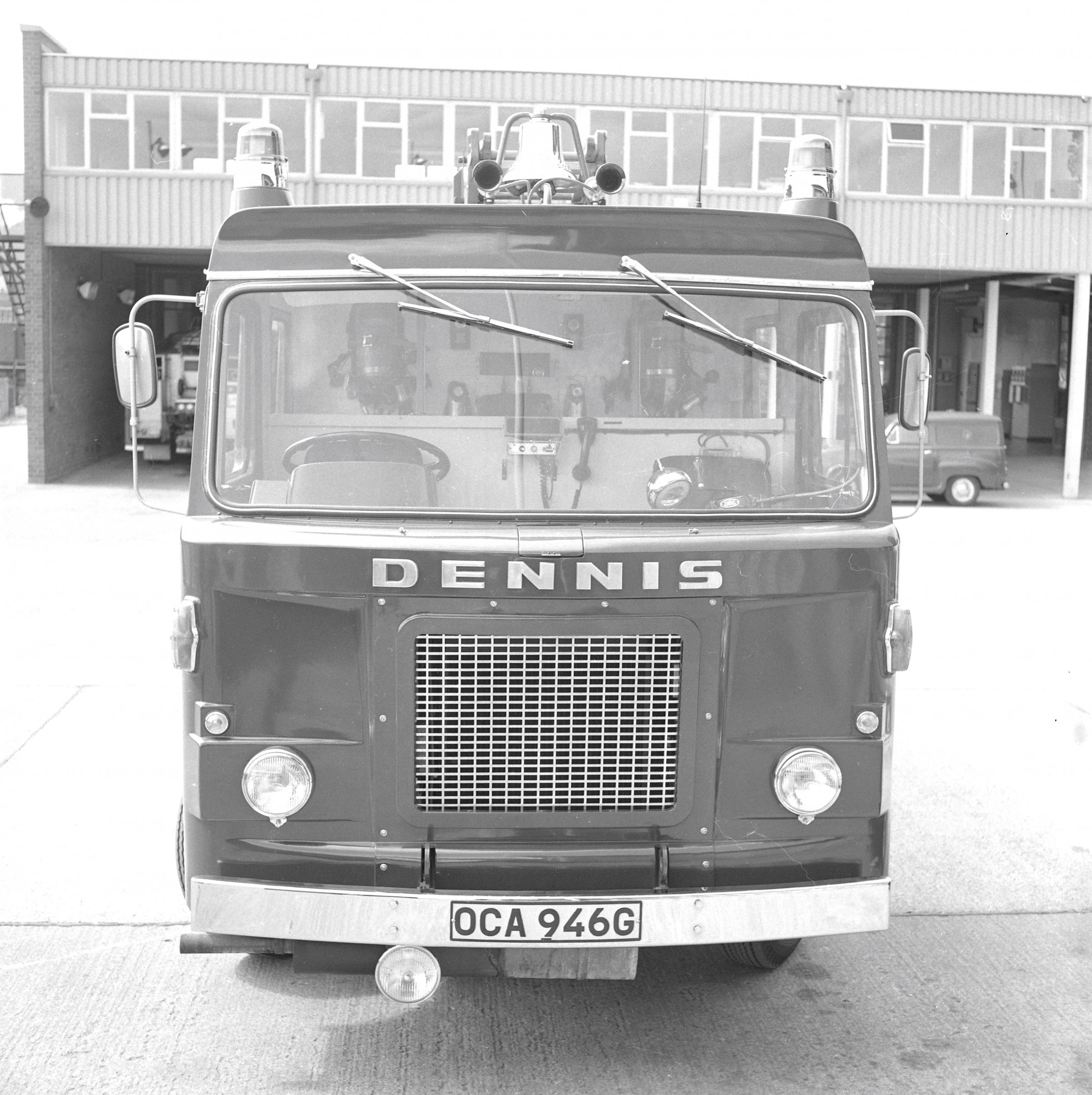 New Dennis fire engine at Wrexham Fire Station, 1969.