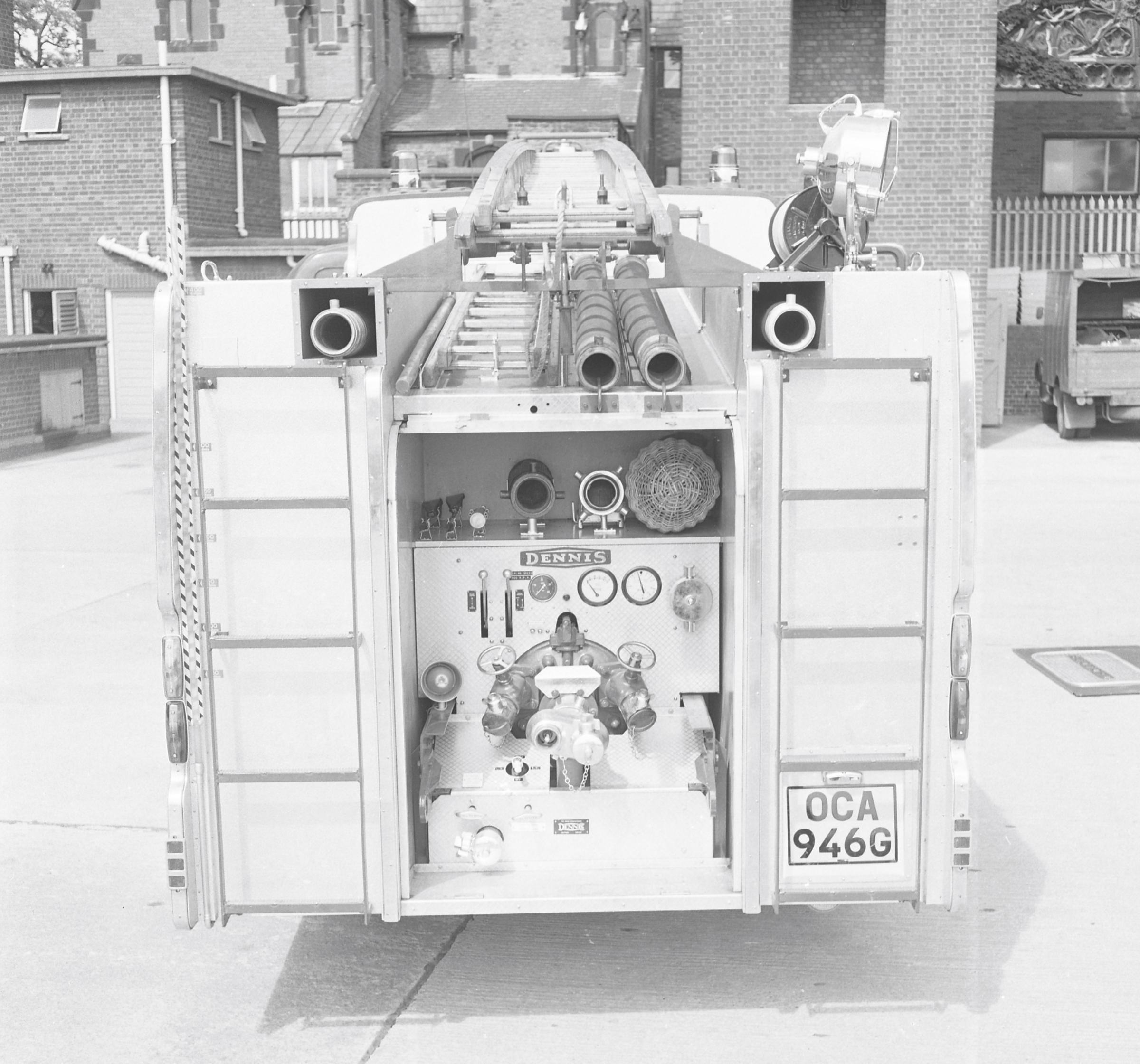 New Dennis fire engine at Wrexham Fire Station, 1969.