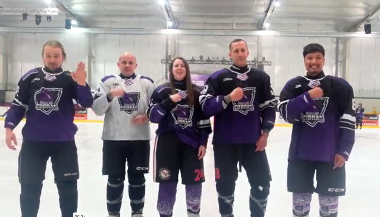 Images from the video of the CC4LD choir cllaboration with the Connahs Quay Cobras shown at Deeside Leisure Centre.