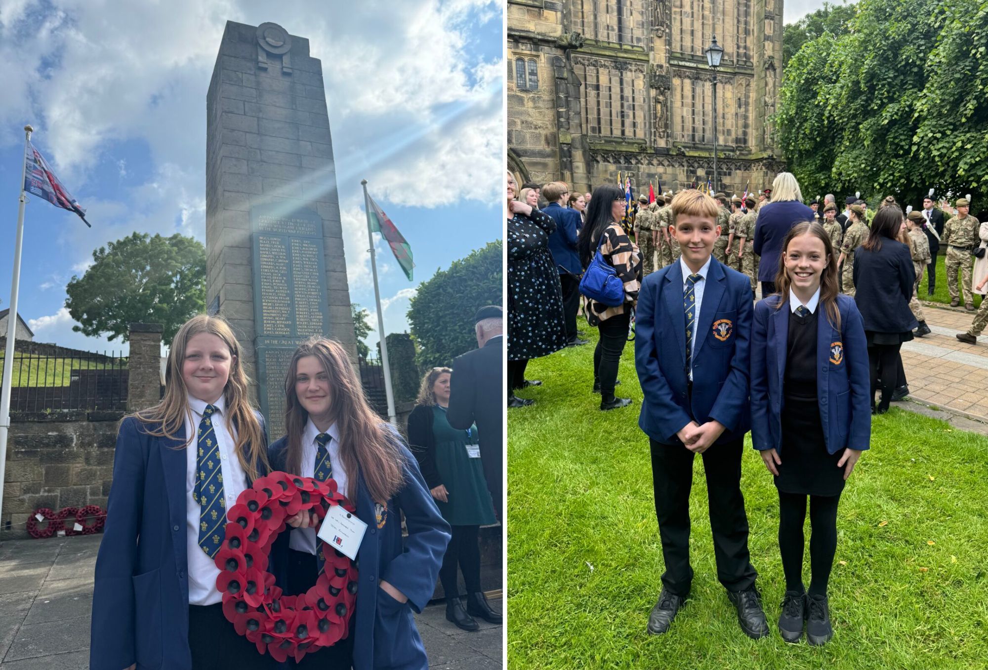 Cian Roberts and Maddie Jones (left) and Jake and Katie McGlynn (right) representing Ysgol Rhiwabon during D-Day anniversary events.