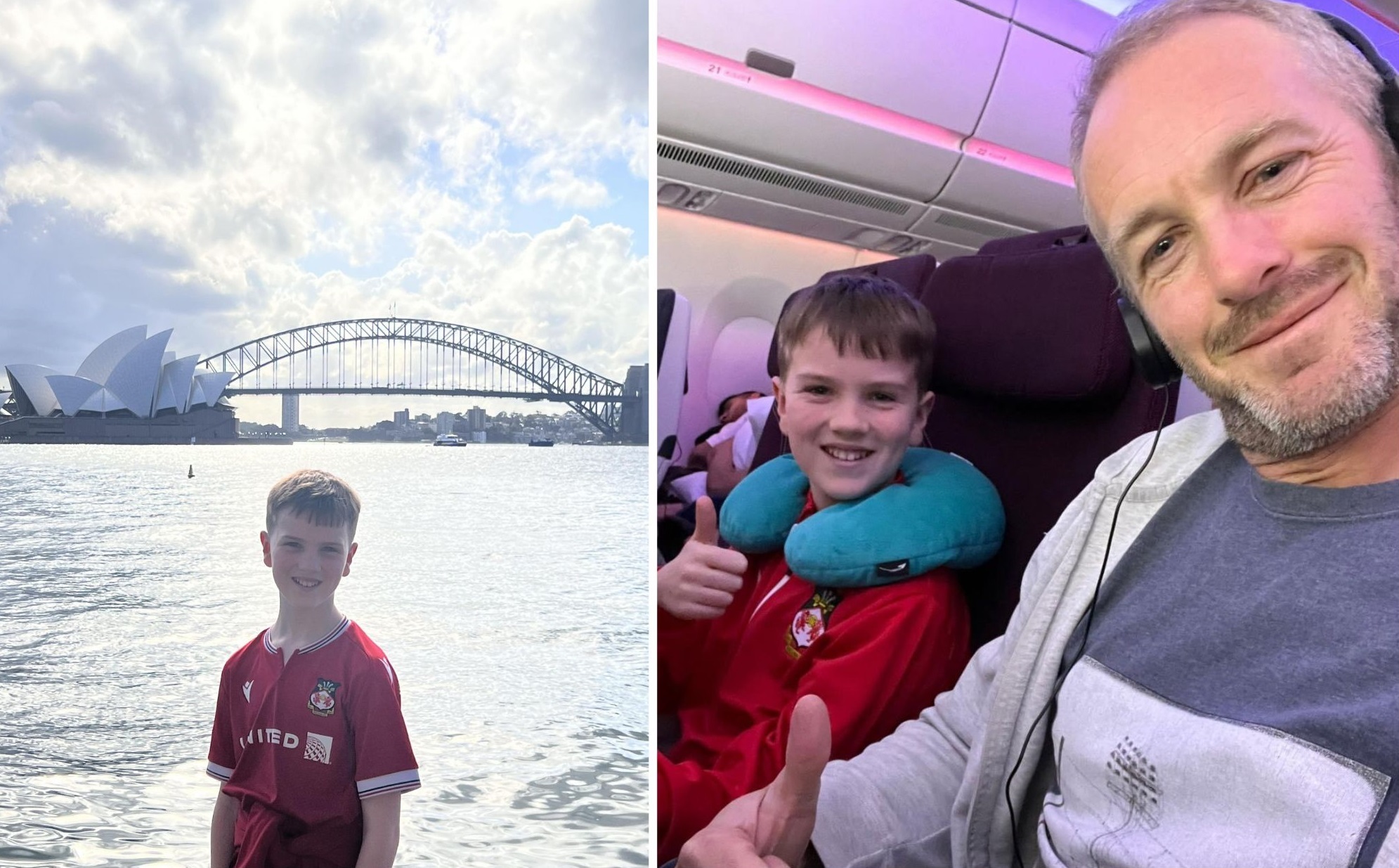 Thomas Pugh, 12, during a trip Australia, and with Phill Pugh on the plane home from Sydney, ahead of the Forrest Green game.