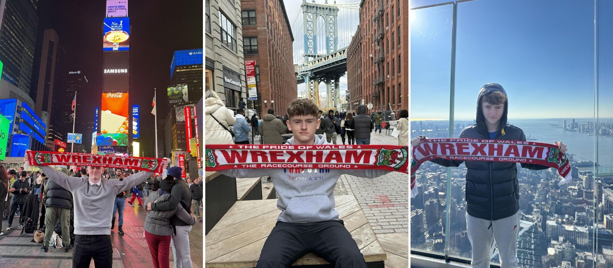 Oliver Eaton, from Holt, Wrexham pictured in New York, Times Square (left), Brooklyn Bridge (centre) and Edge sky deck.