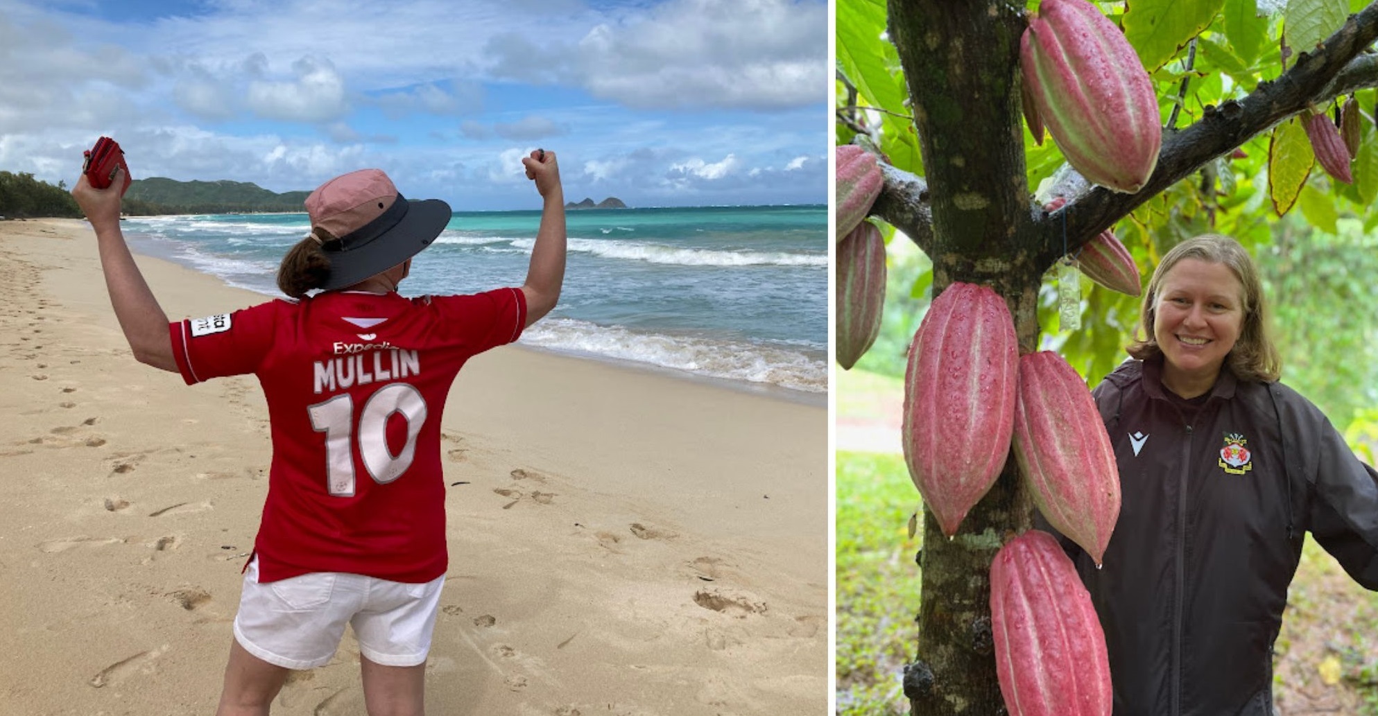 Sheri Hofling at Waimanalo Beach, Island of Oahu (left), and Lydgate Cacao Farm, Island of Kauai, Hawaii, December 2023.