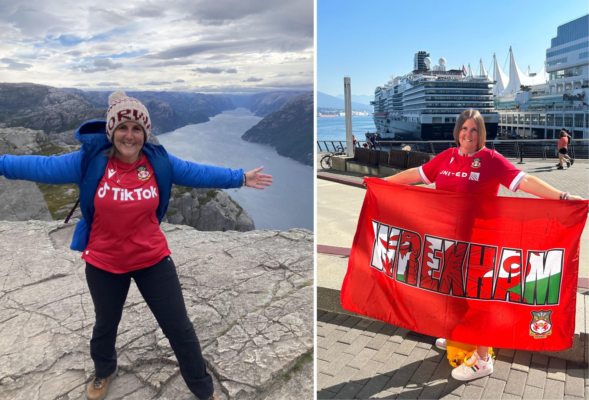 Nicky Cunningham, from Gwersyllt pictured on top of Pulpit Rock in Norway (left) and Vancouver, Canada, birth place of one of our wonderful co chairmen.