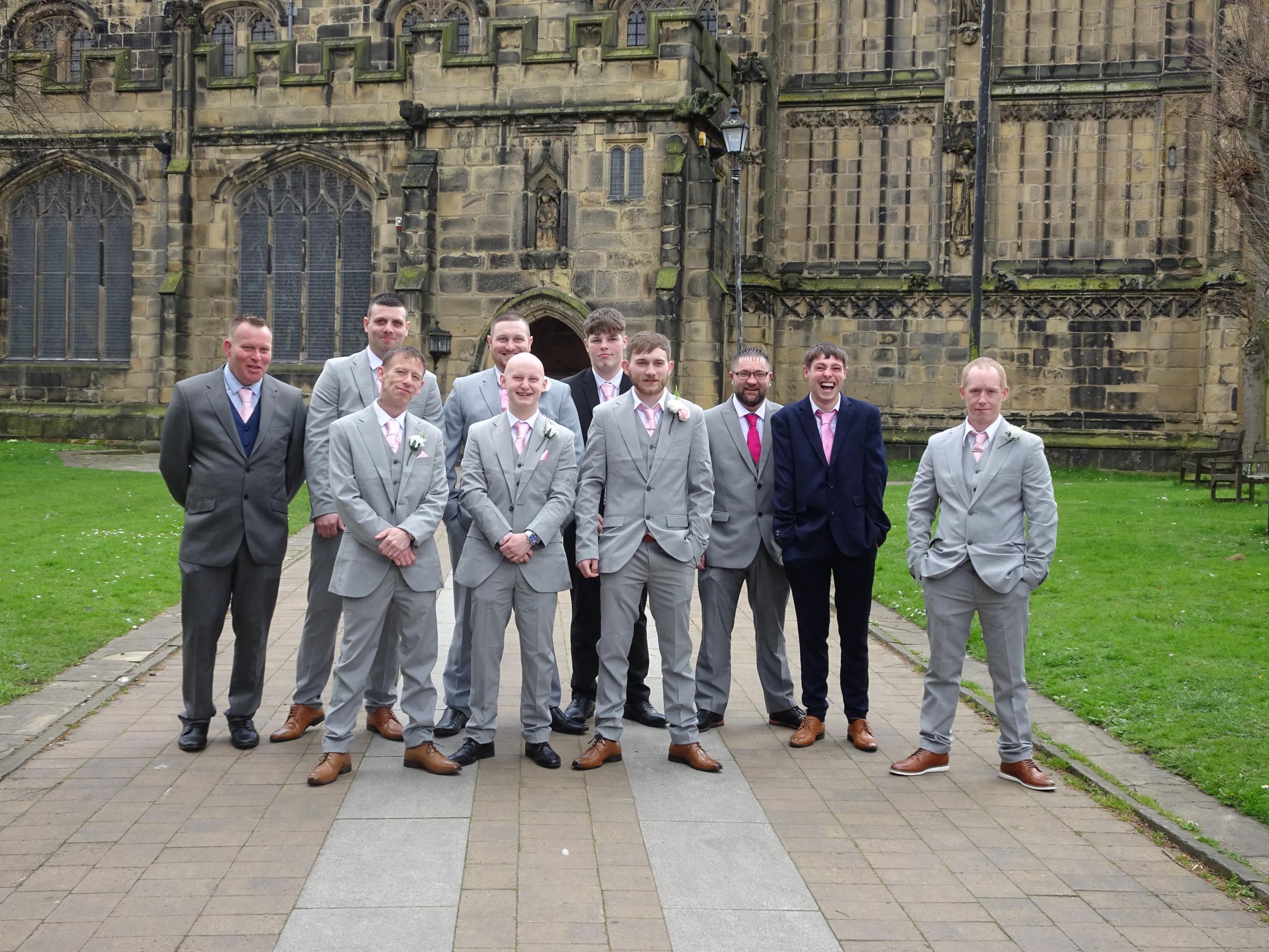 Groom Jordan with his groomsmen - Pete, James, Arun, Lewis, Glyn, Brynley, Jamie, Michael and Cameron.