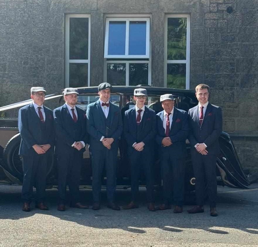 From left: Father-of-the-groom Ashley Sheriff, best man Nathan Sheriff, groom Daniel Sheriff, groomsman Alex Sheriff, grandad Peter Davies and groomsman William Smith.