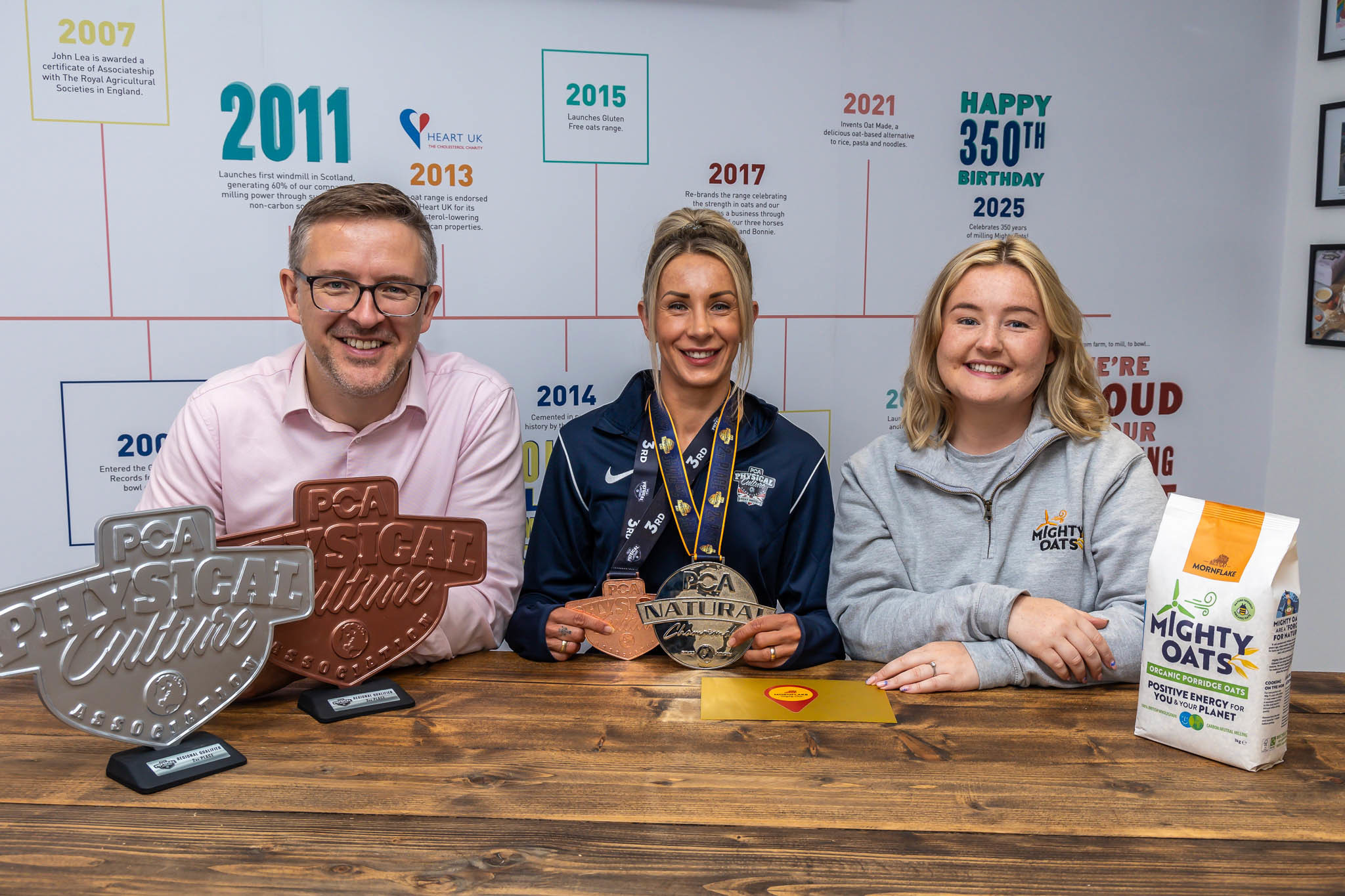 Magda Razminien meeting Iain Lavelle and Charlotte Gribbin at breakfast company Mornflake, her sponsors for the bodybuilding championships.