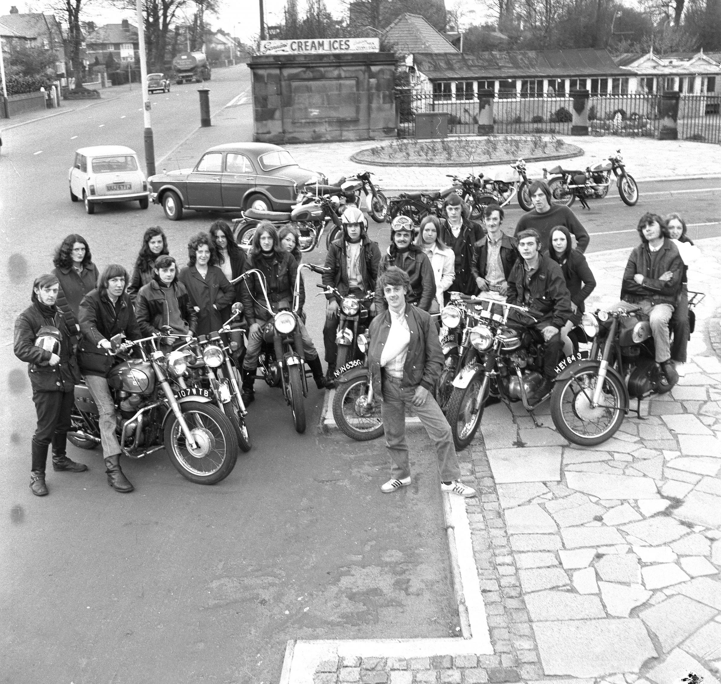 Bikers outside the former Sams Cafe, Garden Village, in 1972.