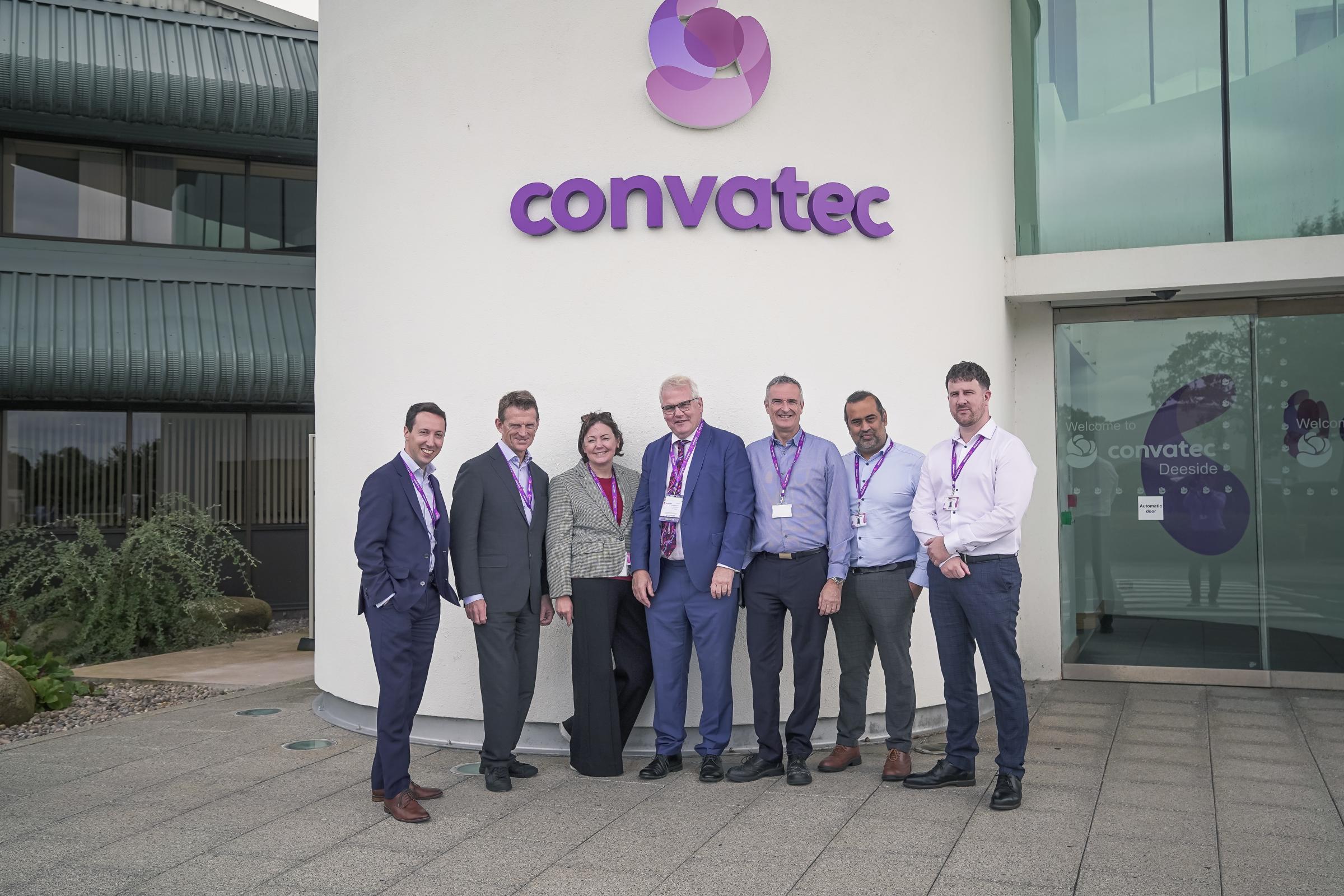 From left: Ashley Sweetland, VP global corporate affairs; CFO Jonny Mason; Clare Holden, VP, R&D; Mark Tami MP; Gary Pearson, Focus Factory Lead, manufacturing; Adeel Mushtaq, UK manufacturing director; and Richard Sylvester, advanced operations