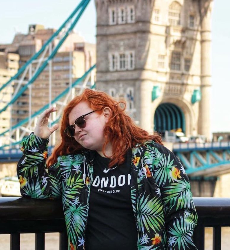 Kara Beth Davies in front of Tower Bridge, London (2018).