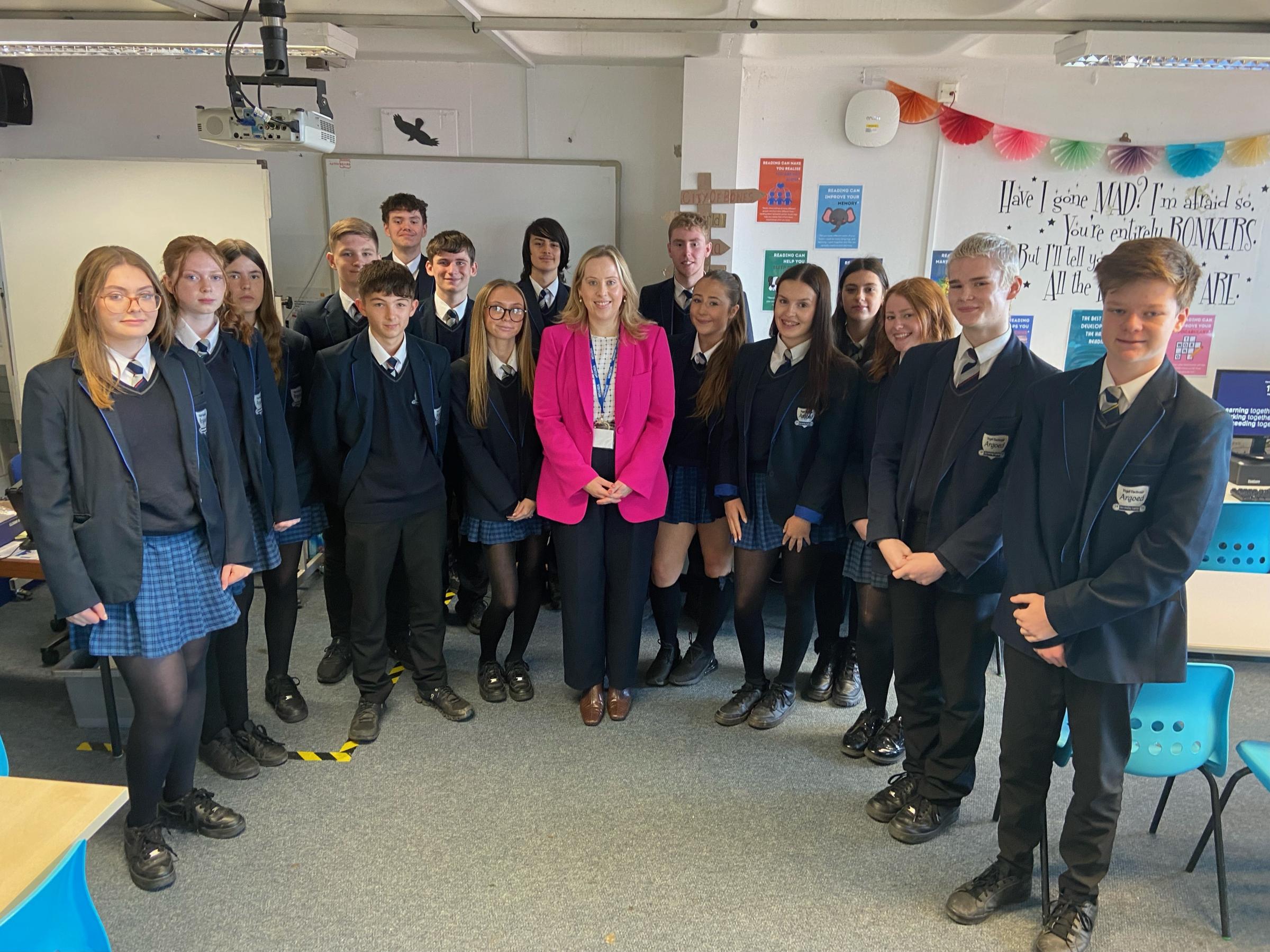 Representatives of the Student Council with Becky following the Q&A session in the library.