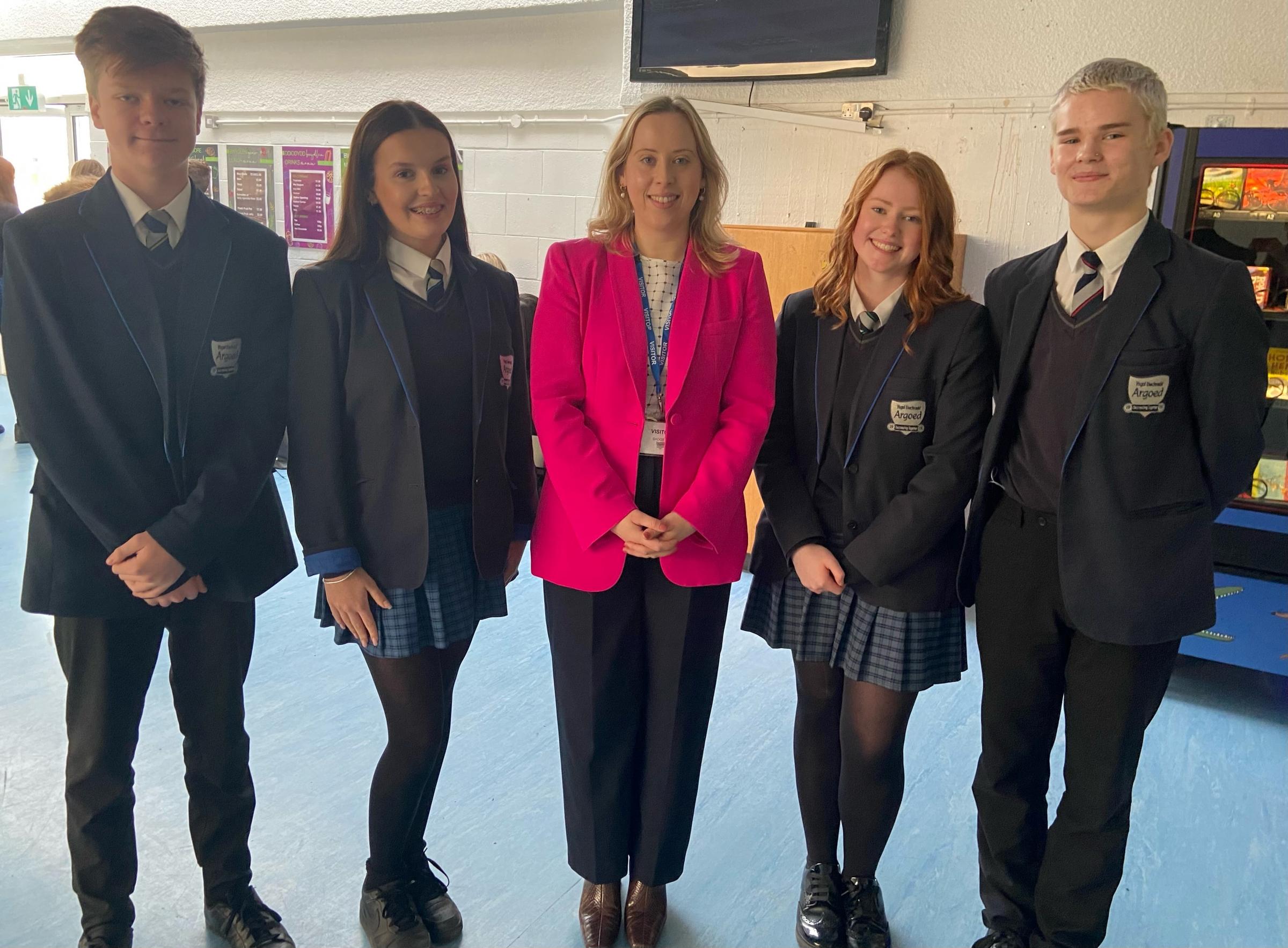 Becky and Student Leaders Dawid Hughes, Erin Messham, Emily Baines and Ethan Topley.