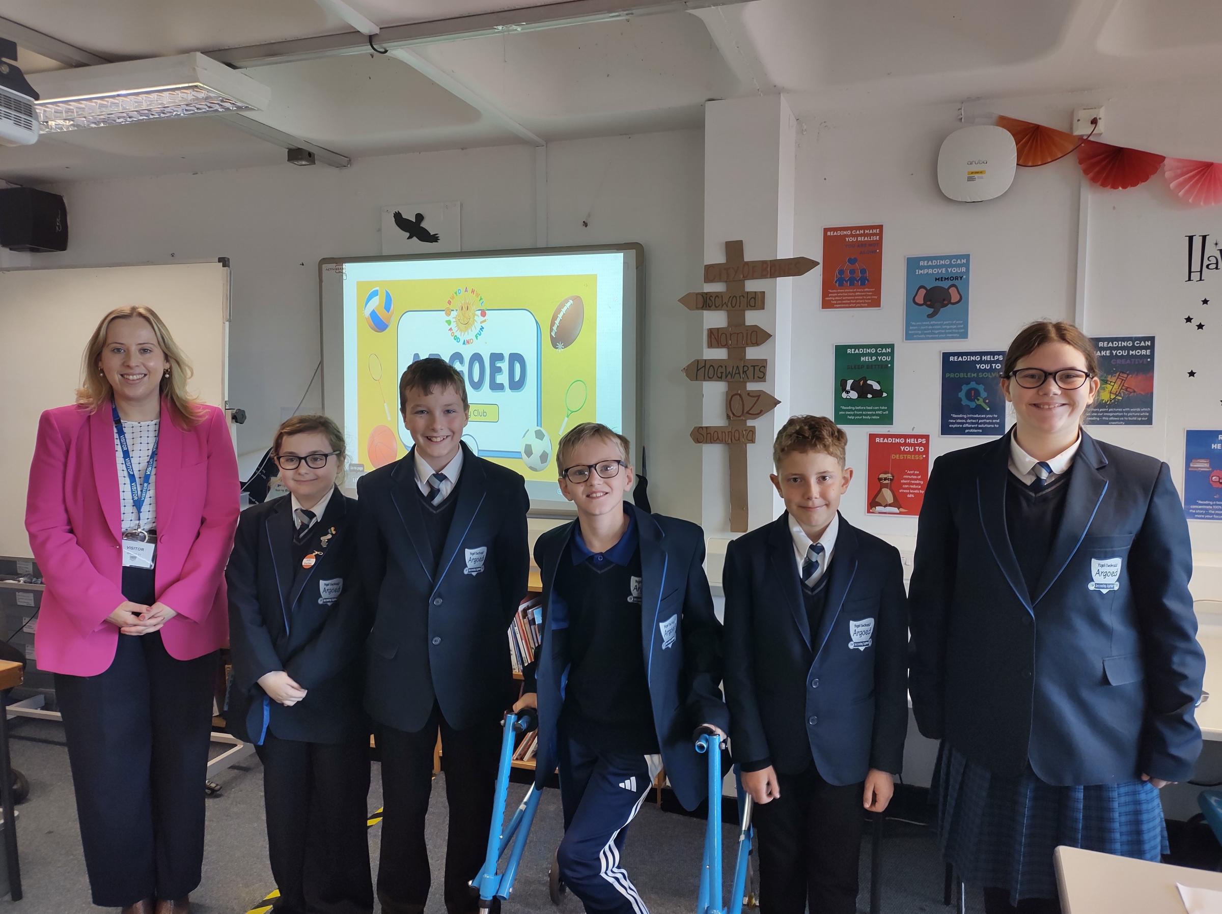 Year 7 representatives who spoke with Becky about the Food and Fun Summer Holiday Club: Samantha-Jo Edwards, Patrick Grice, Jac Porter, Alexander Summers and Neve Morrlle.