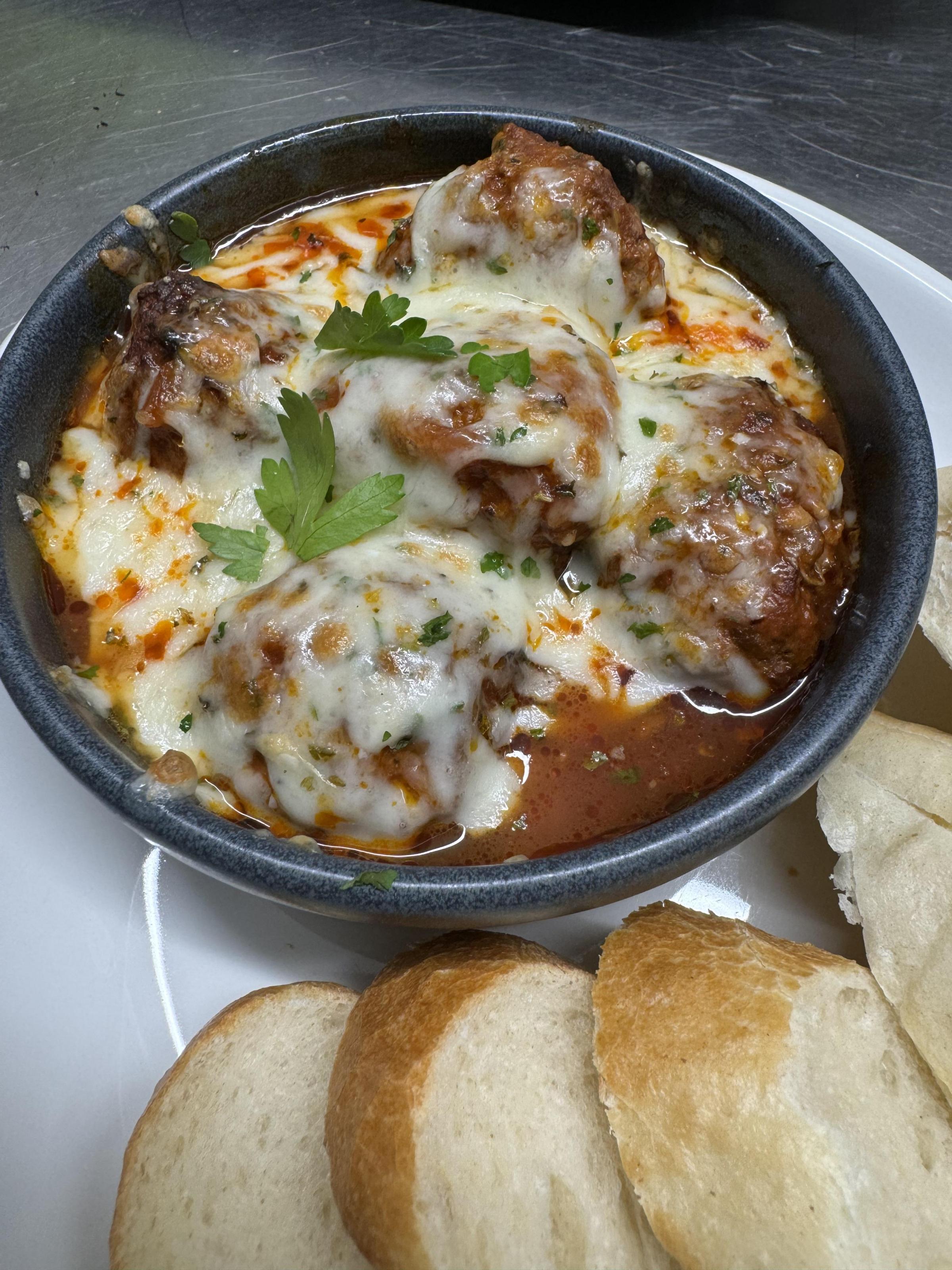 The Lletty Hotel meatballs parmesan with fresh baked bread.