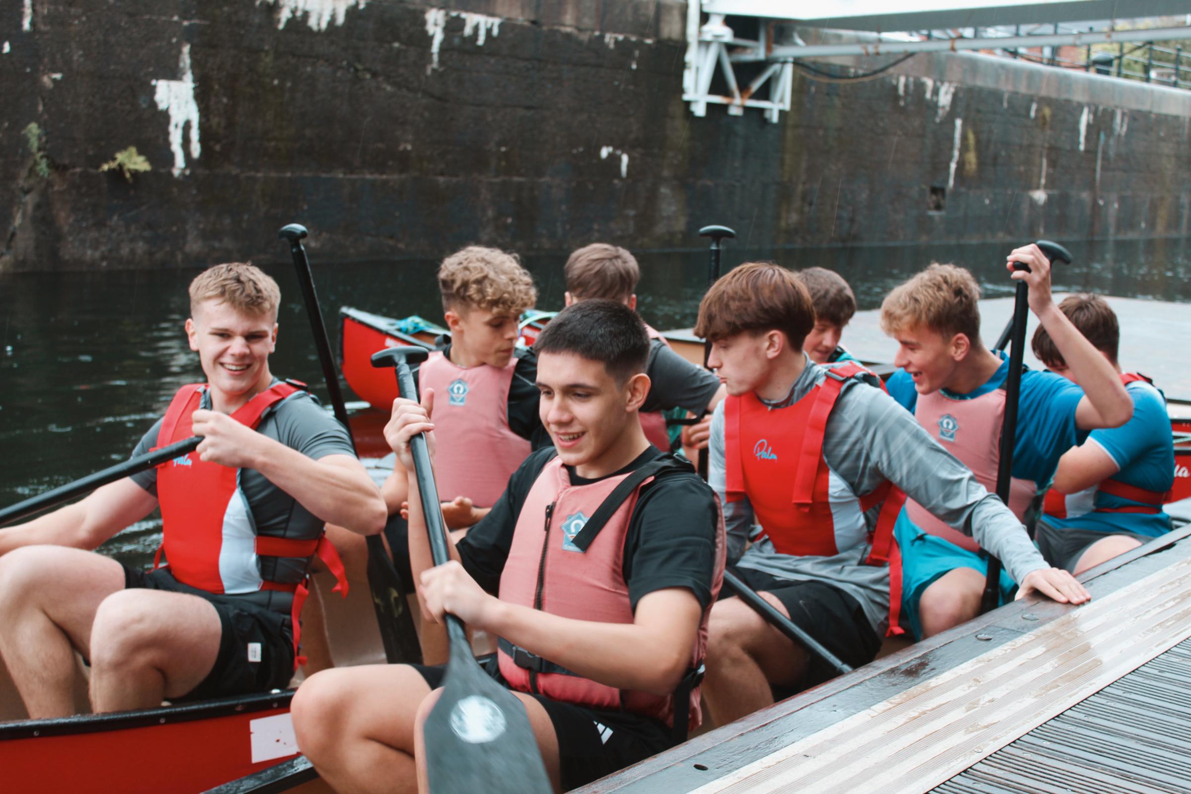 The boys group canoeing at the Liverpool Watersports Centre.