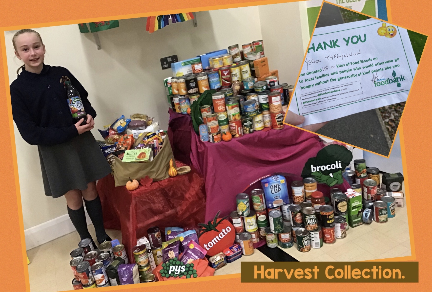 Ysgol T? Ffynnon School Council chairperson Emilee, with the harvest collection.